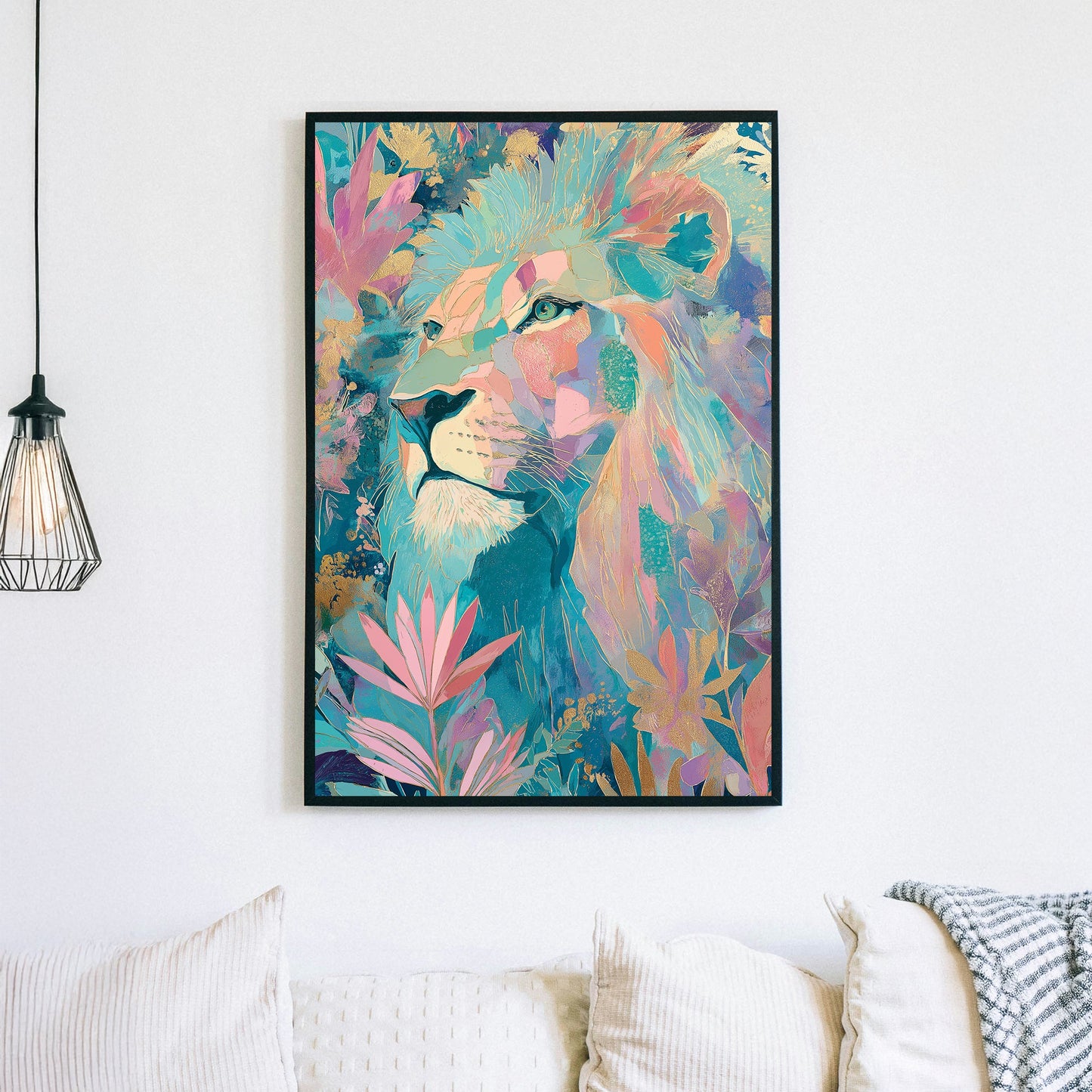 colourful lion surrounded by leaves wall art
