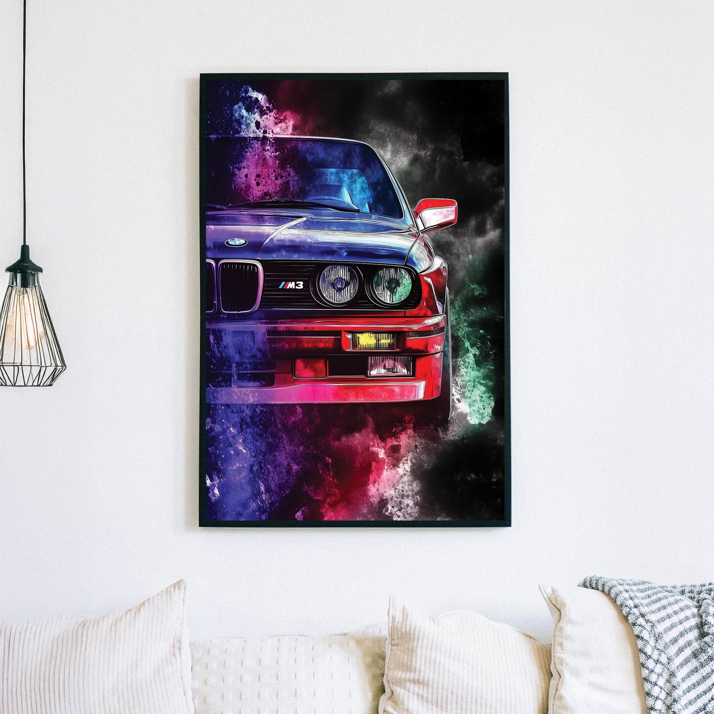 bmw m3 sports car in neon colour explosion wall art