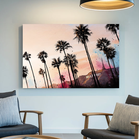 hollywood sign with palm trees pop art sunset