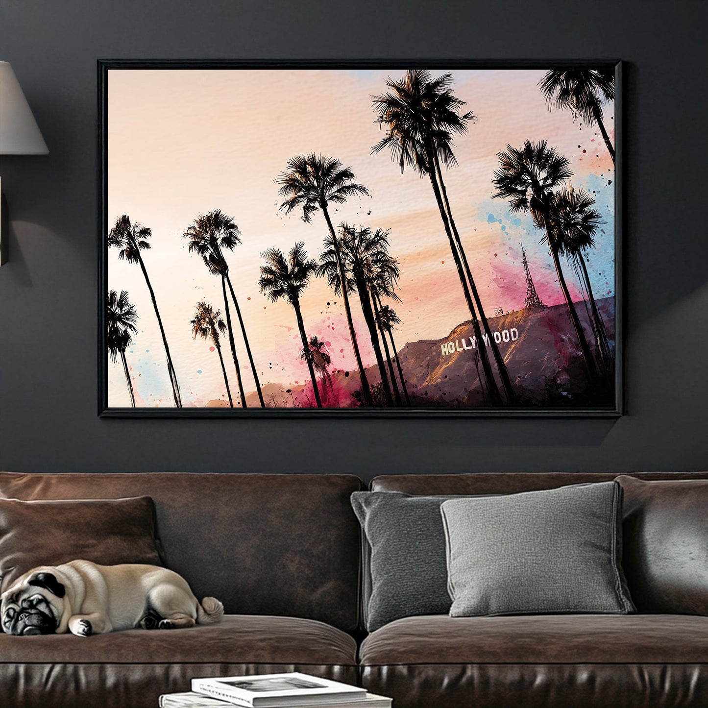 hollywood sign with palm trees pop art sunset