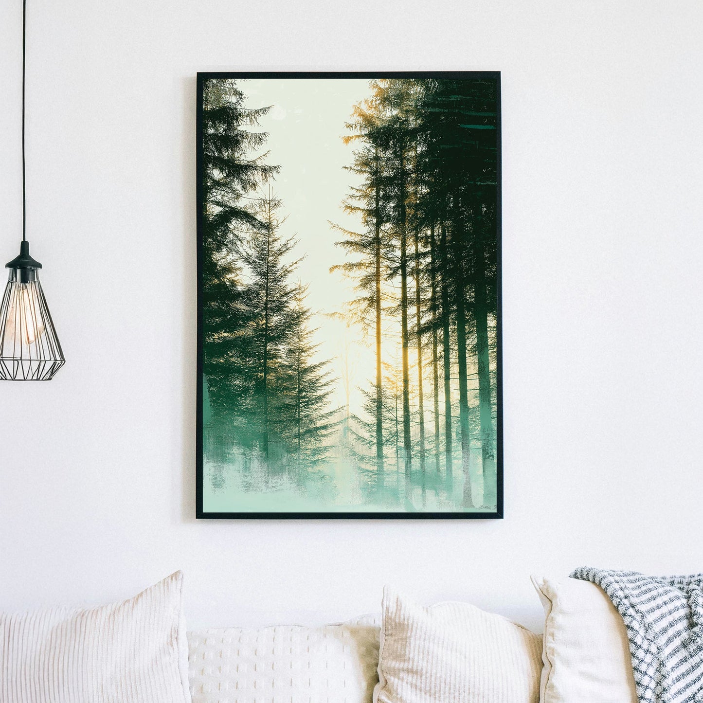 misty forest pine trees wall art with morning sunlight