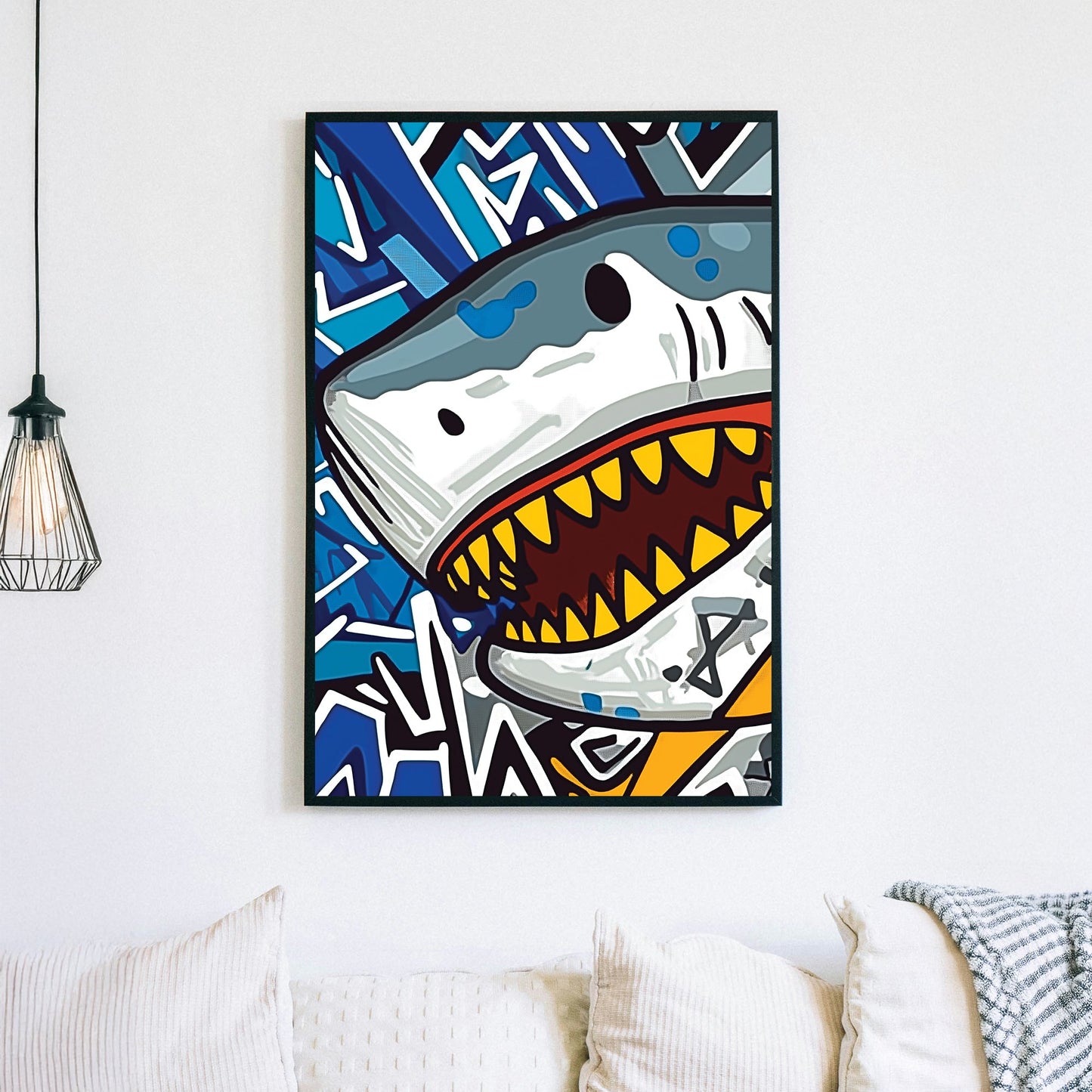 graffiti shark pop wall art in blue and yellow tones
