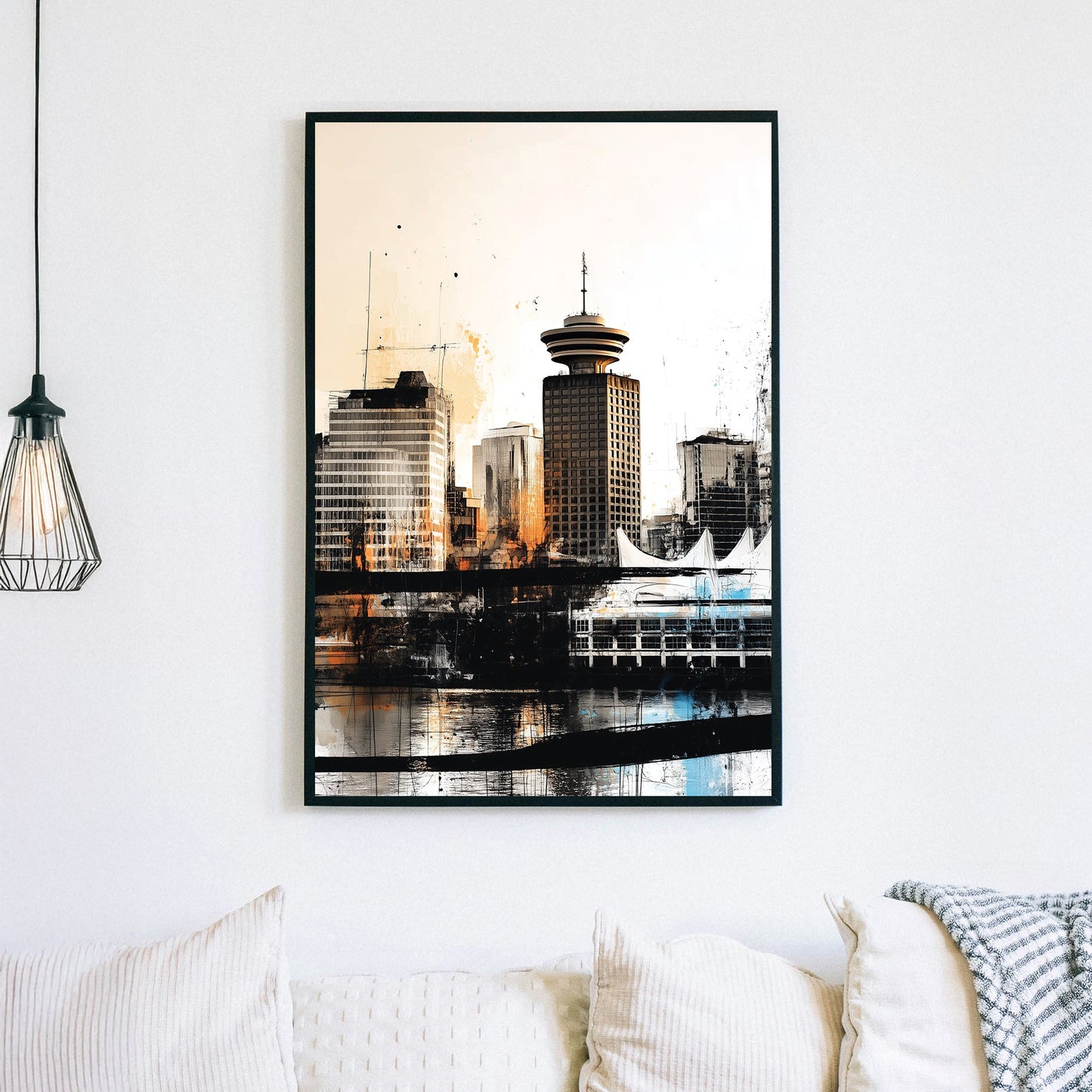 gritty Vancouver skyline wall art with Harbour Centre and Canada Place