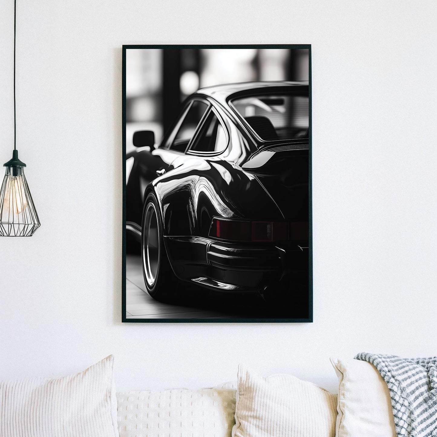 black and white Porsche wall art with vintage rear view close-up