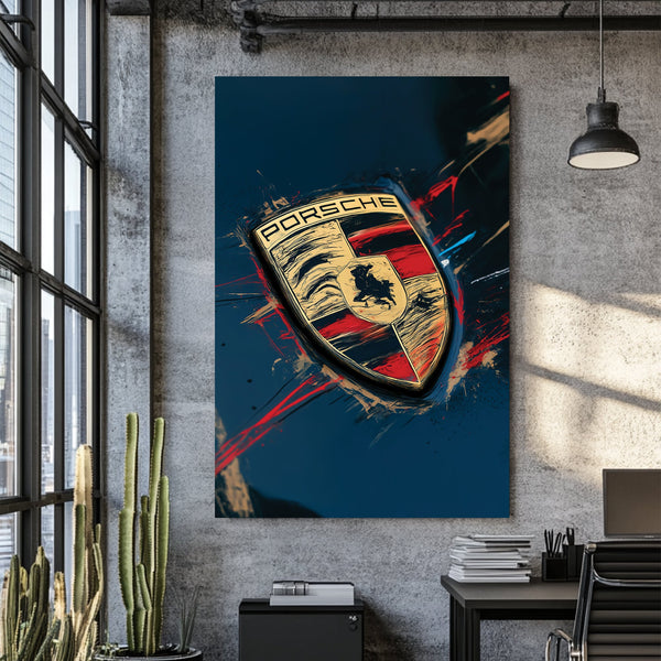 Porsche logo close-up wall art with red and gold abstract paint details
