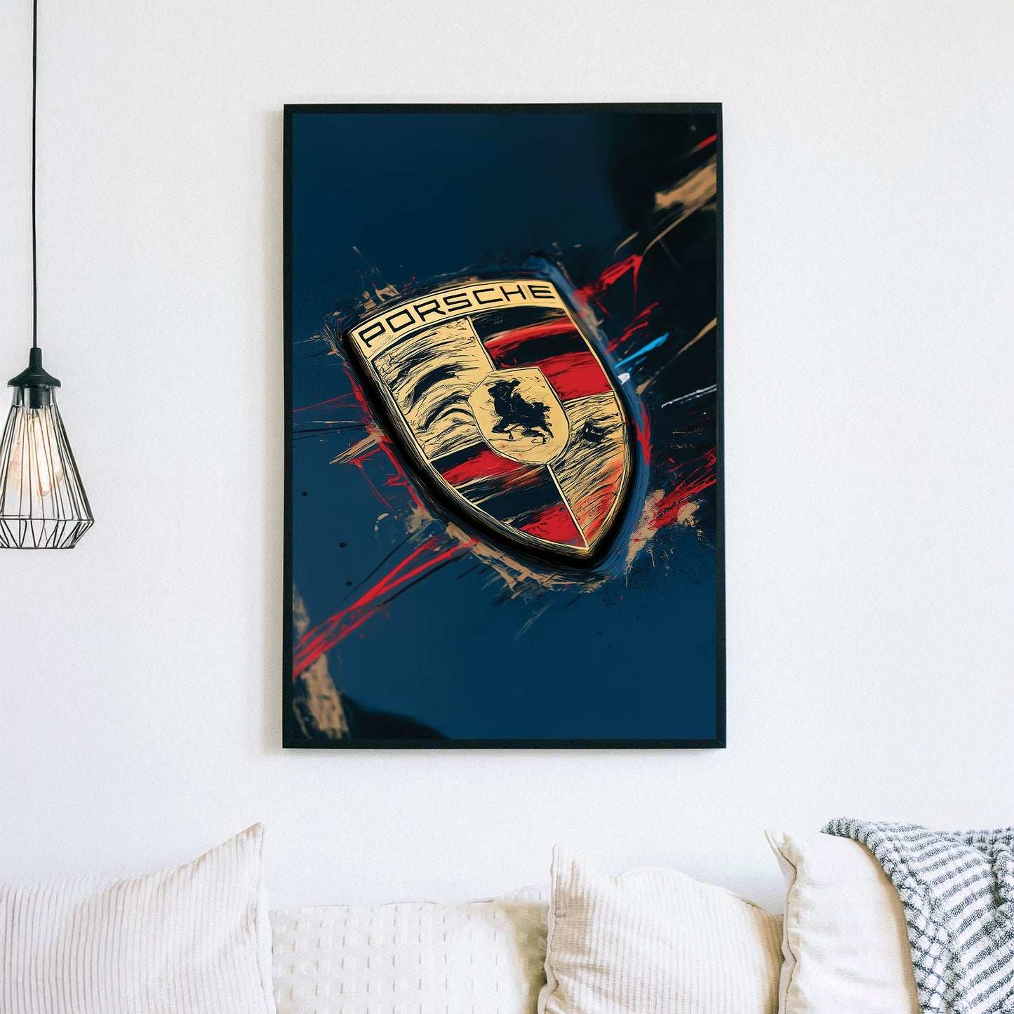 Porsche logo close-up wall art with red and gold abstract paint details