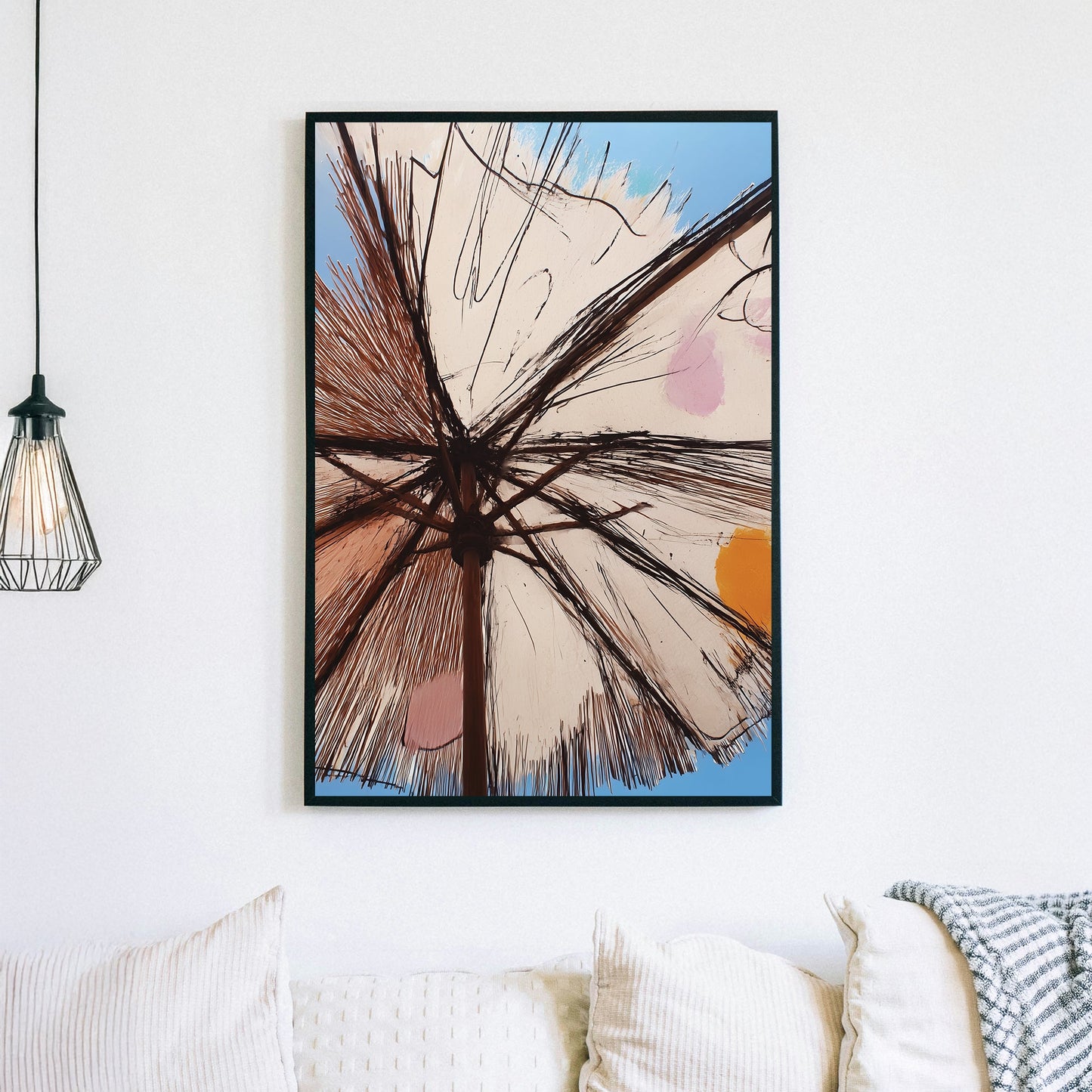sunshade umbrella wall art with sketch-style lines and pastel accents