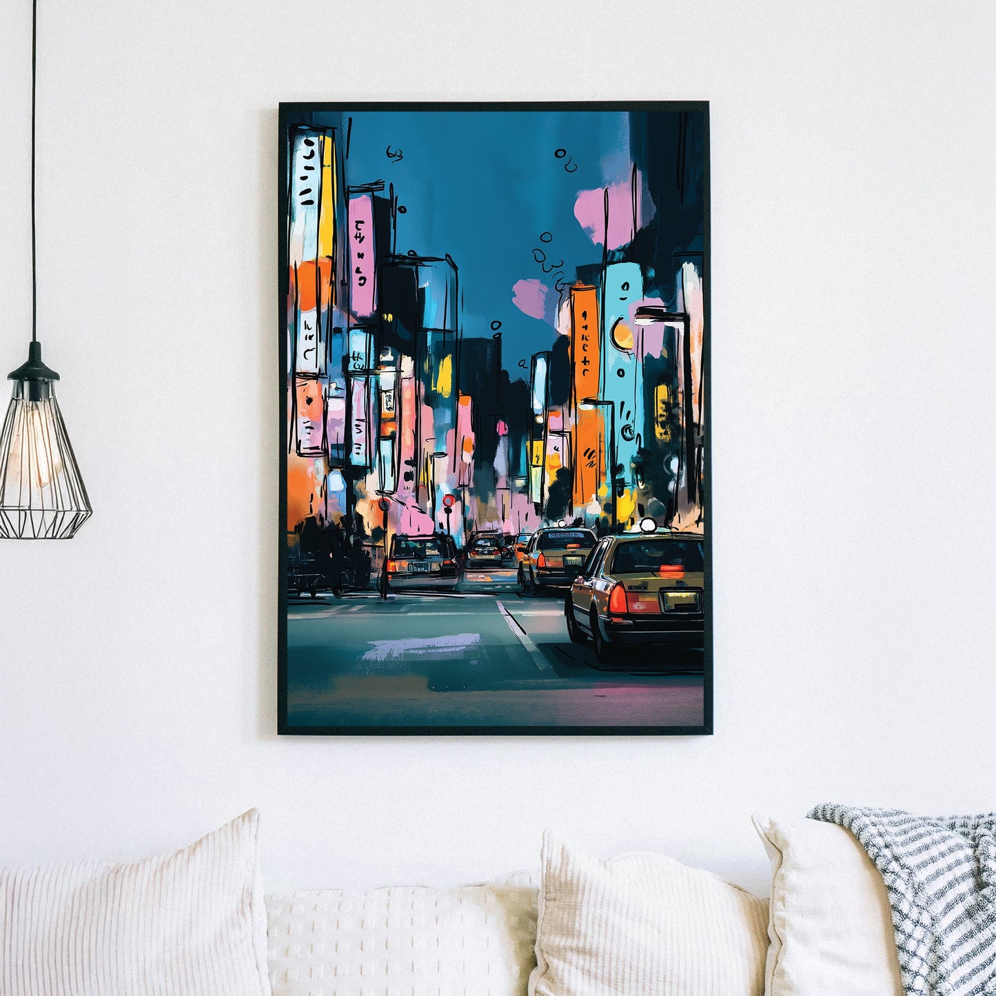Tokyo city night scene wall art with neon signs and taxis