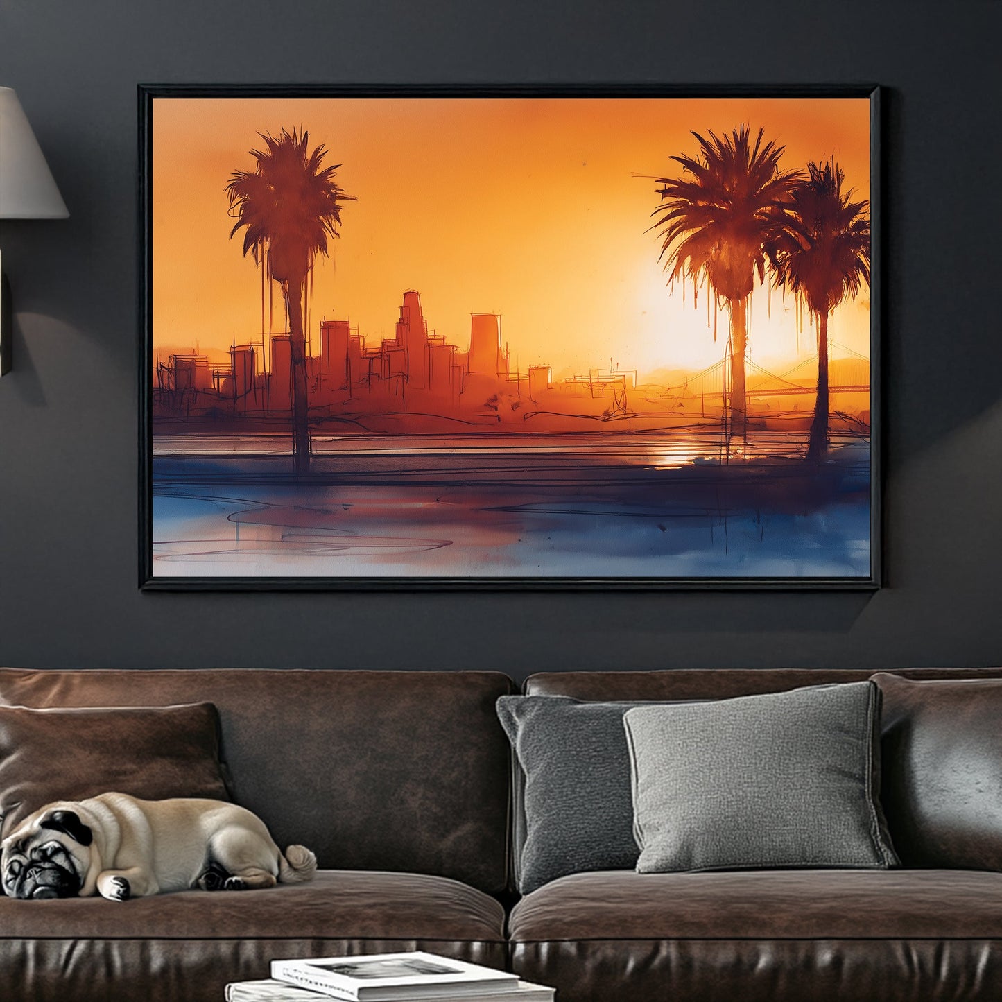 sunset cityscape los angeles wall art with palm trees and sketchy skyline