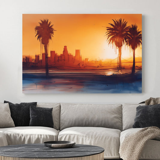 sunset cityscape los angeles wall art with palm trees and sketchy skyline