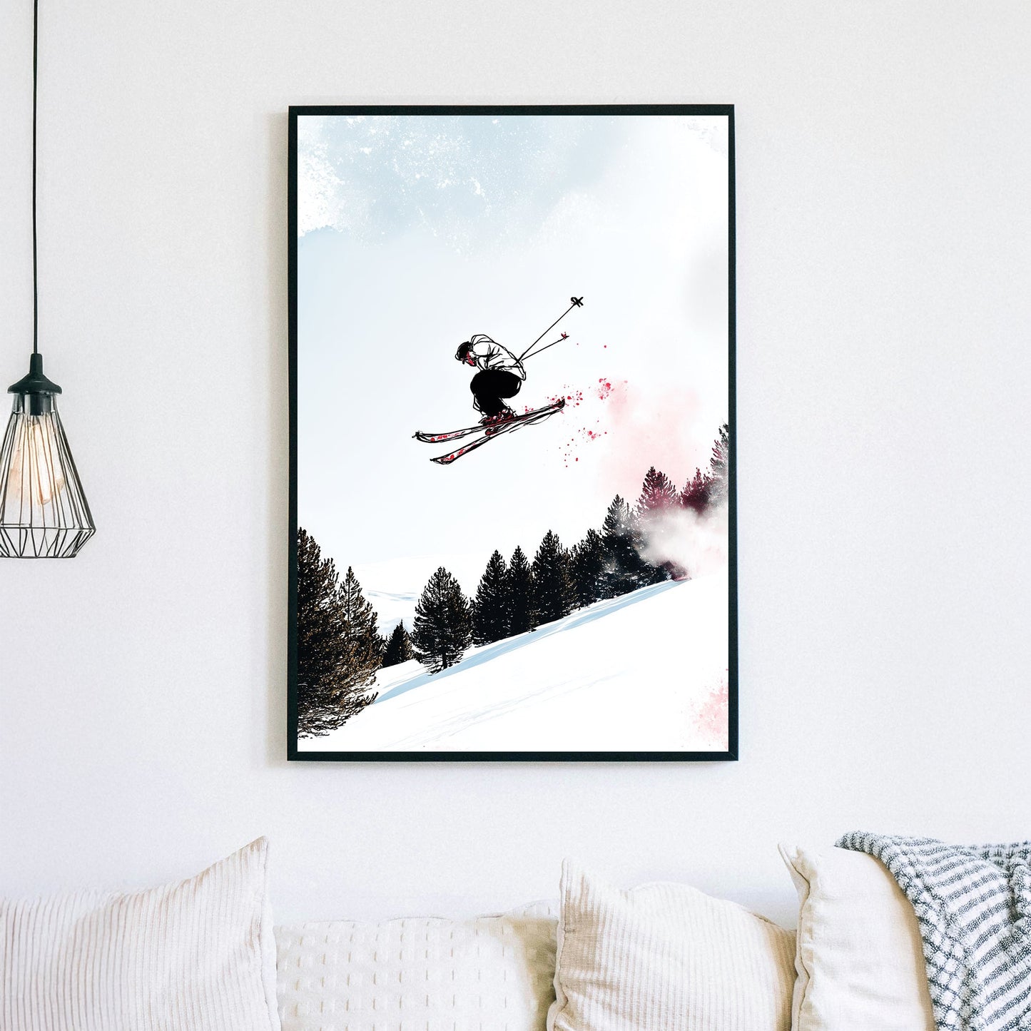 wall art of skier mid-air with snowy forest backdrop in sketch and splash art style