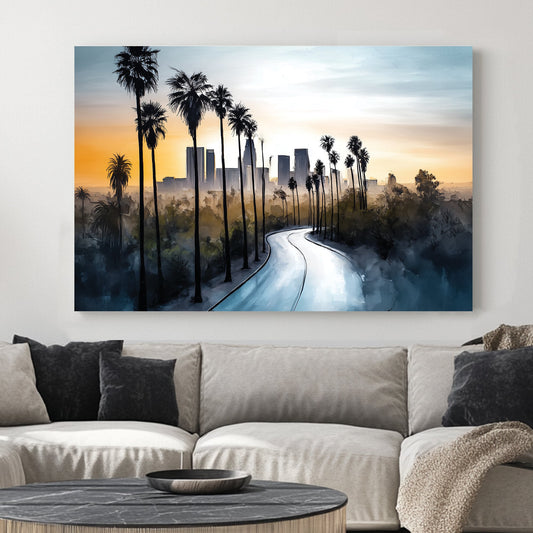 artistic wall art of los angeles skyline with palm trees and winding road at sunrise