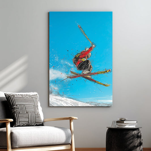 wall art of freestyle skier jumping in mid-air on snowy slope with blue sky in abstract sketch art style