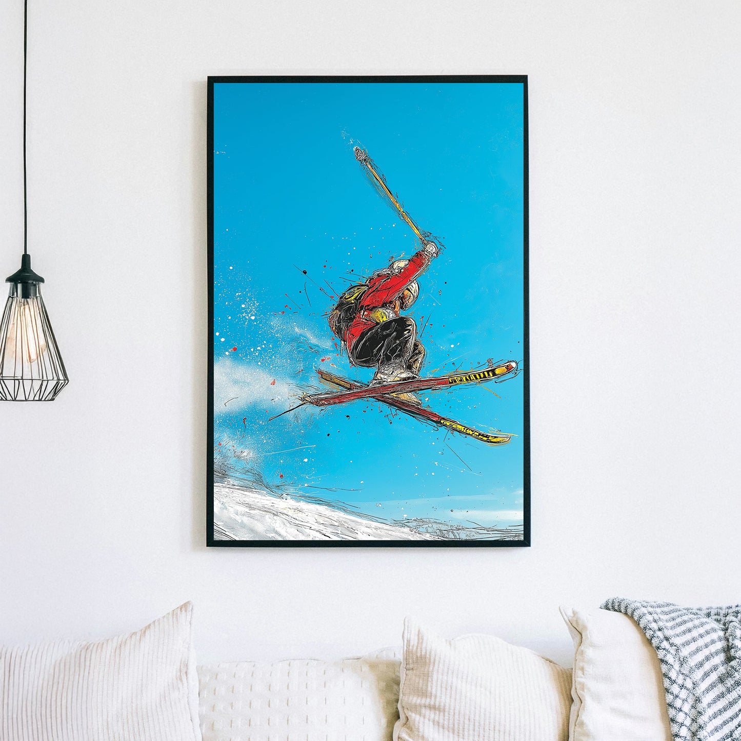 wall art of freestyle skier jumping in mid-air on snowy slope with blue sky in abstract sketch art style