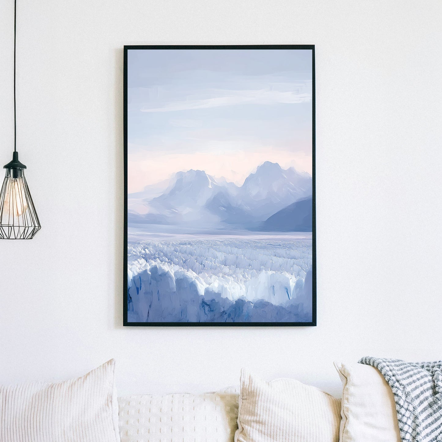 glacier and mountain landscape wall art in soft pastel blue tones
