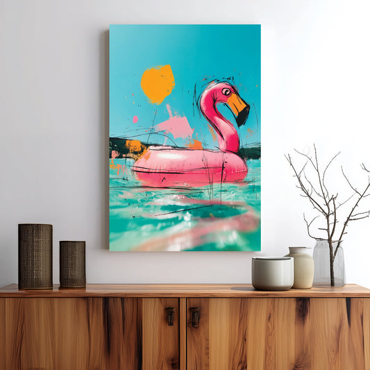 graffiti style flamingo float wall art with bright aqua and pink colours