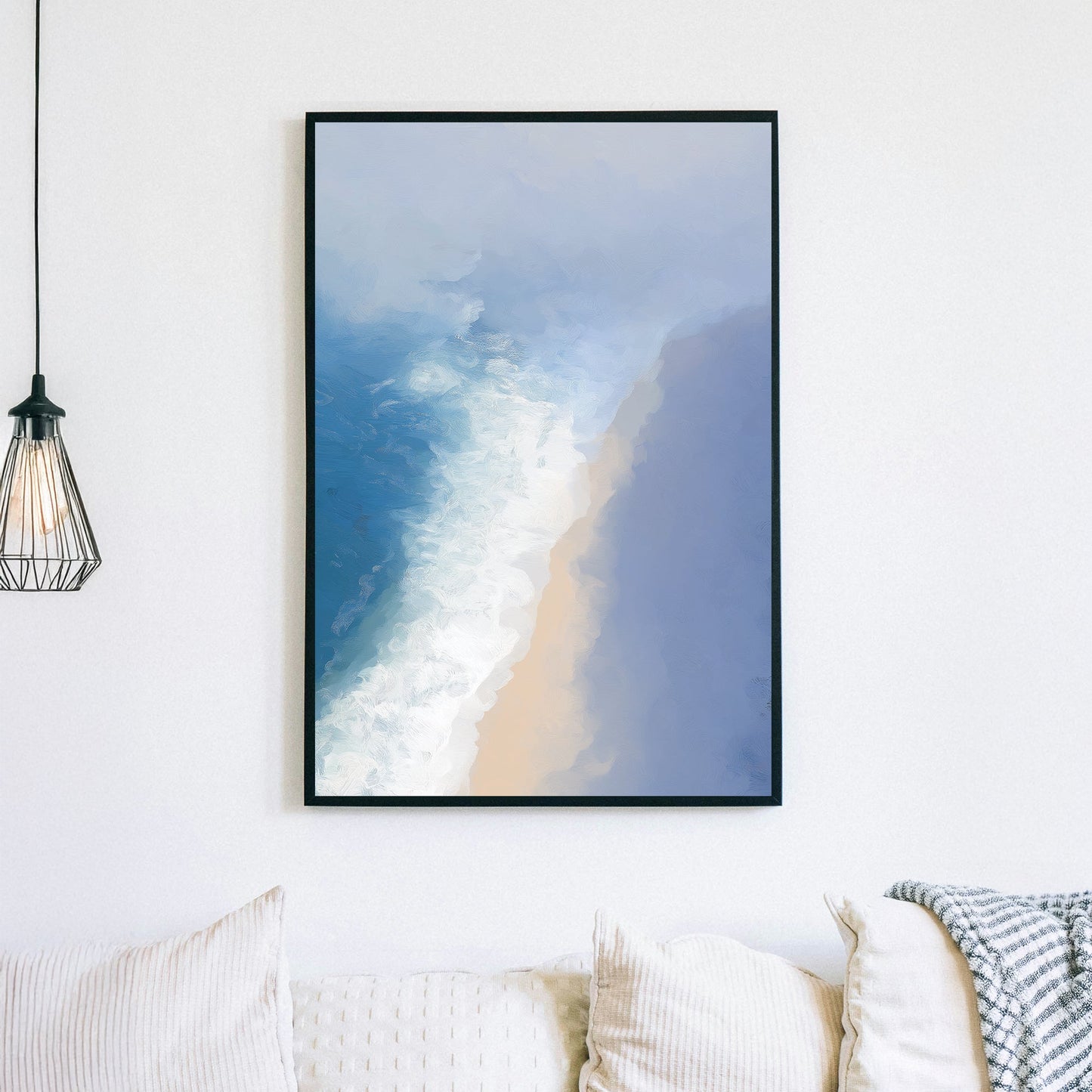 soft ocean shoreline wall art in blue and beige tones with textured brush effect