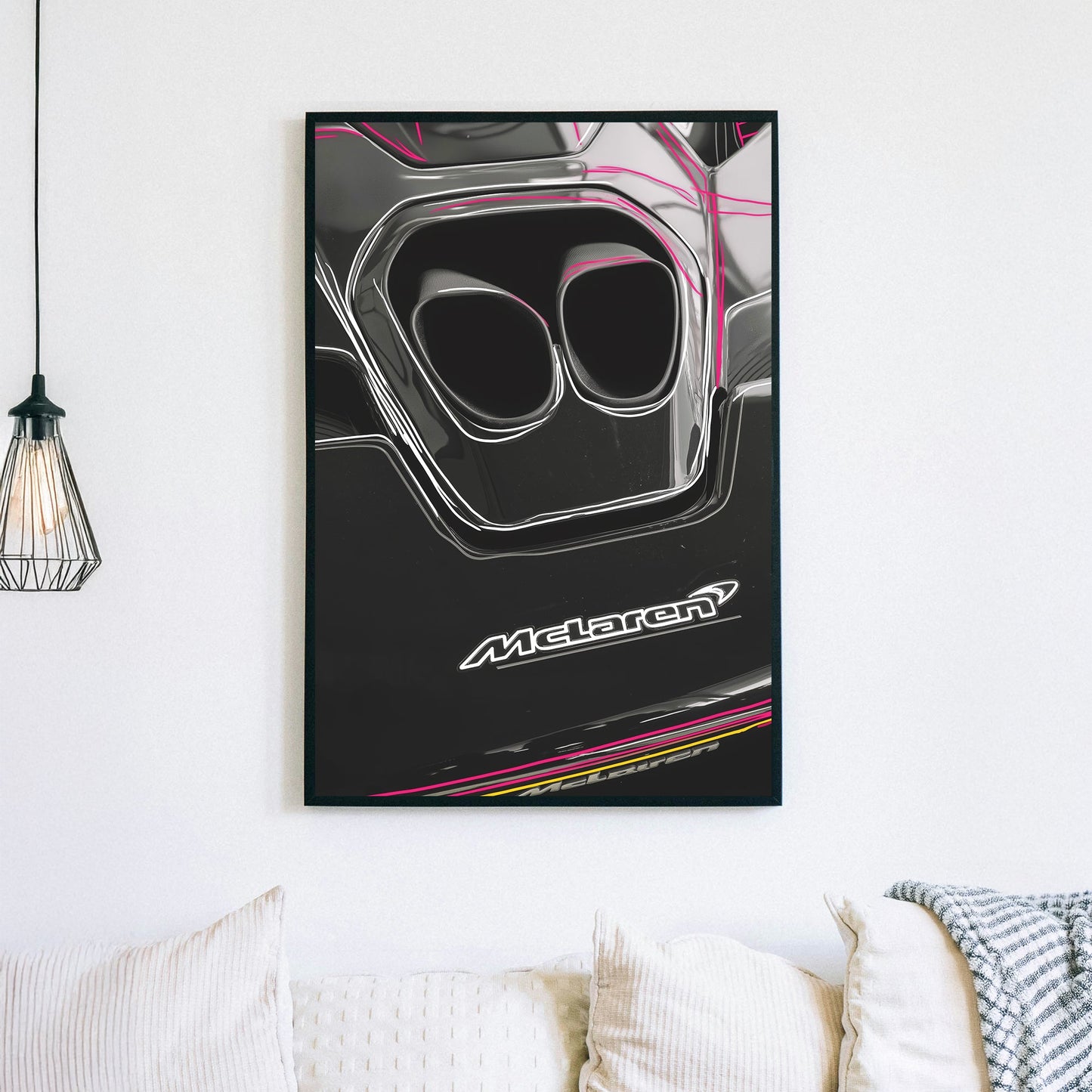 McLaren exhaust detail wall art with sleek black finish and neon accent lines