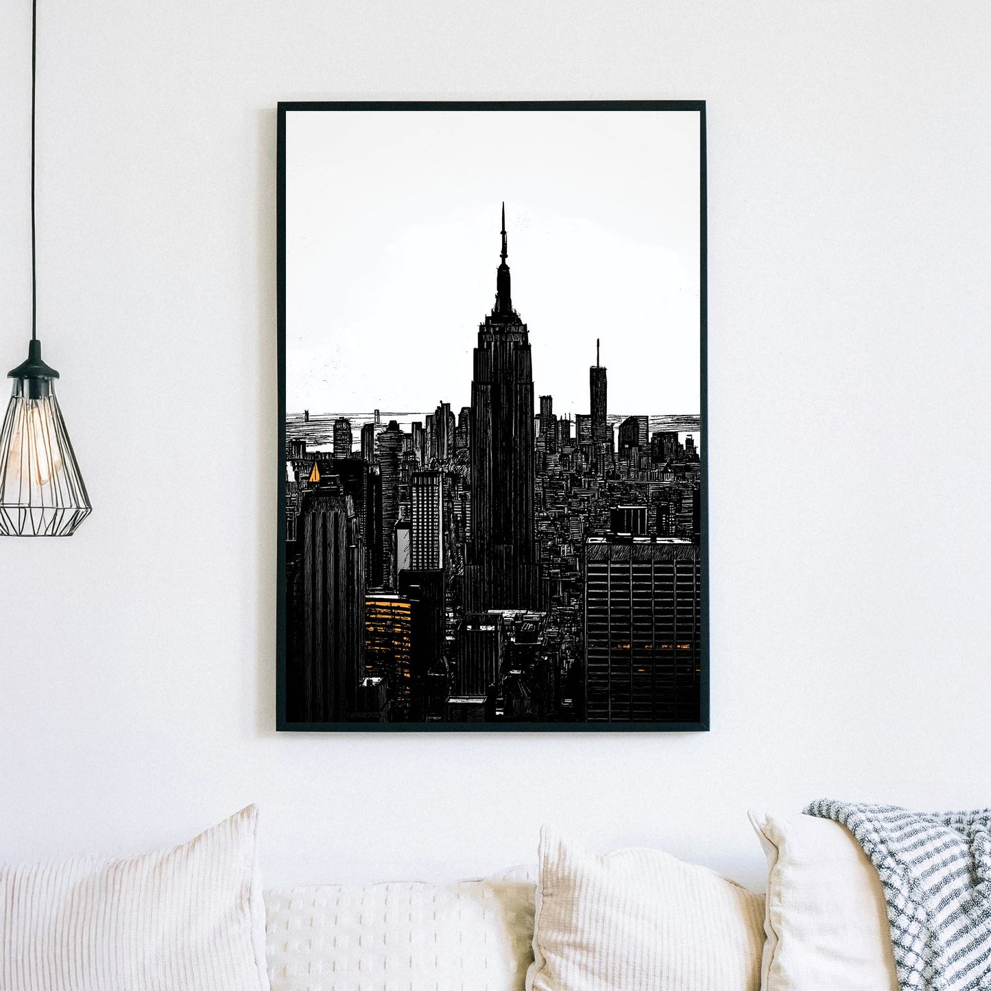 Empire State Building black and white wall art with amber window lights