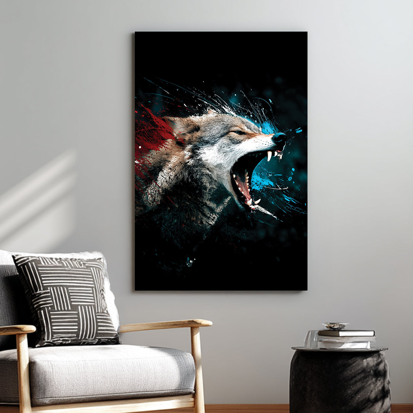 fierce wolf wall art with red and blue abstract paint splashes