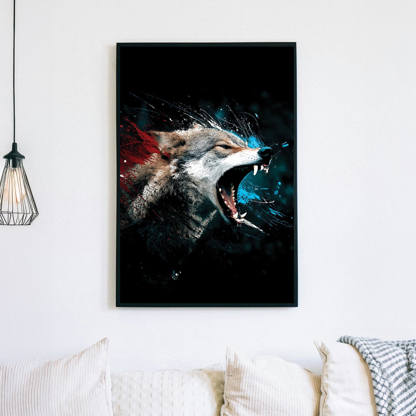 fierce wolf wall art with red and blue abstract paint splashes