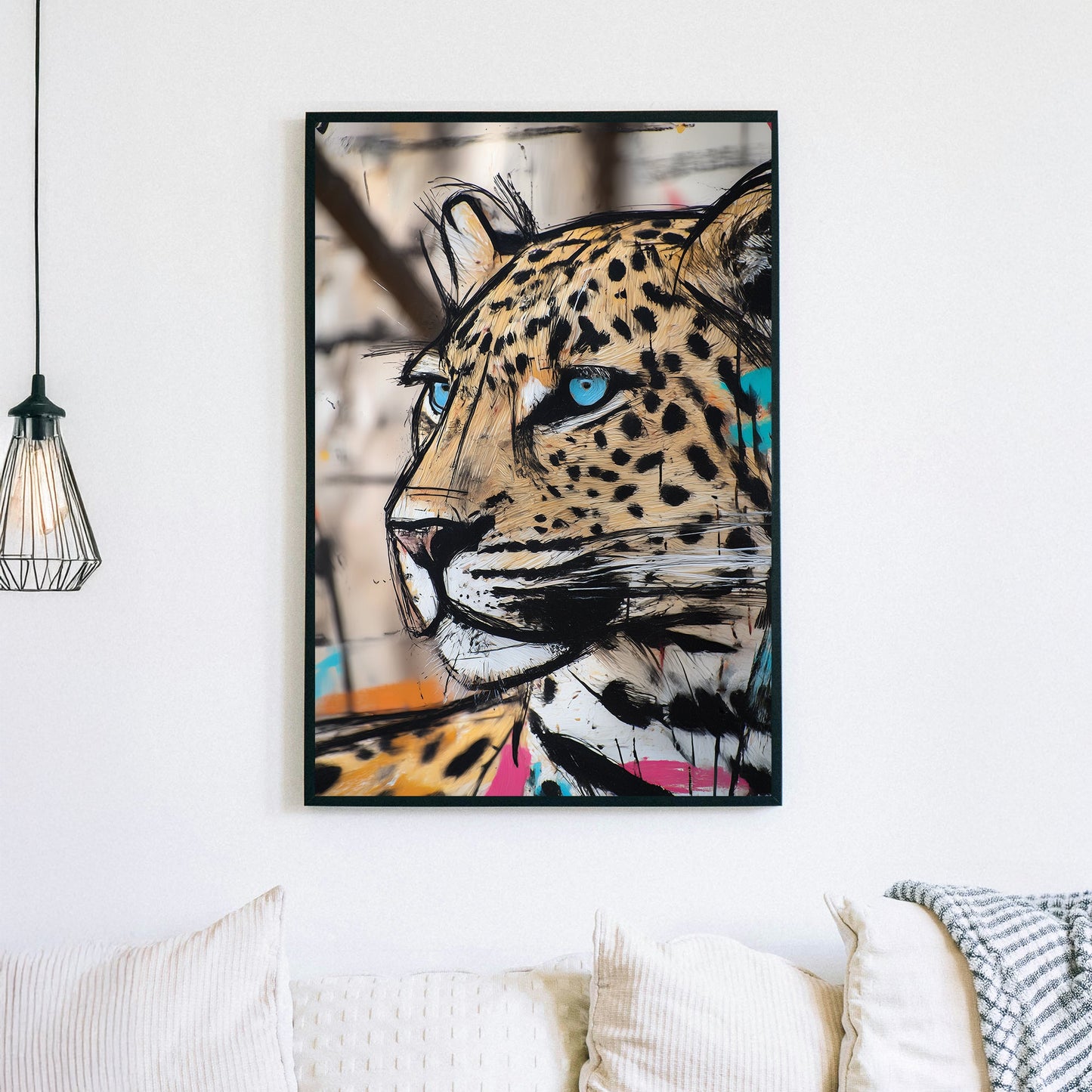 graffiti-style leopard wall art with bold colours and blue eyes