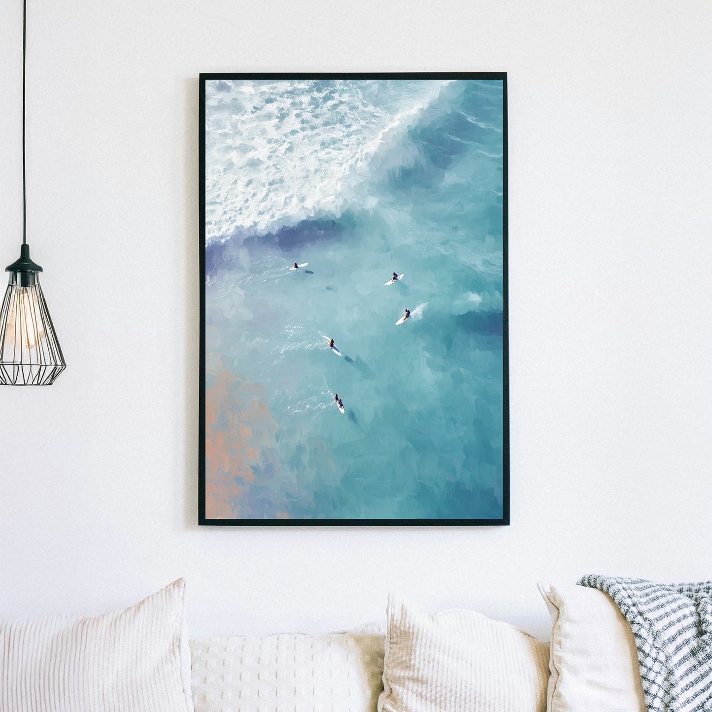 aerial surfer ocean wave wall art in turquoise and peach tones