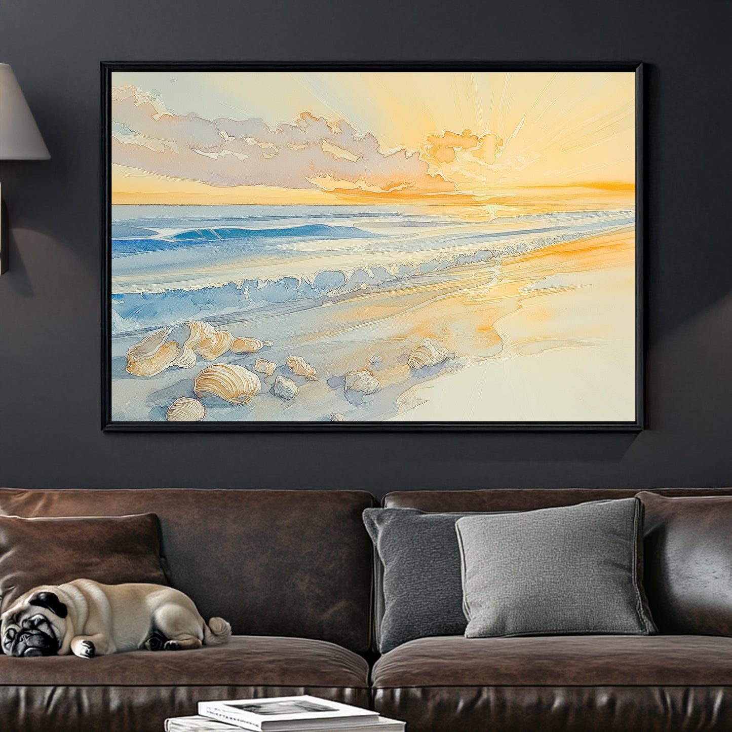 sunrise beach scene with seashells wall art