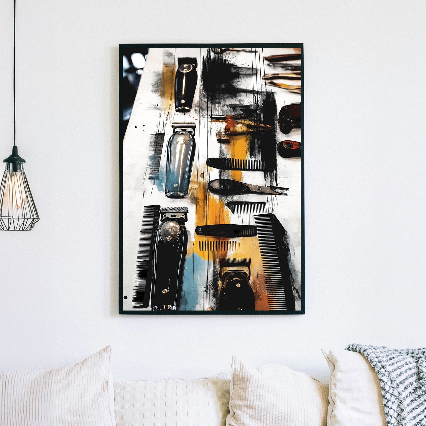 urban barber tool wall art with clippers and combs