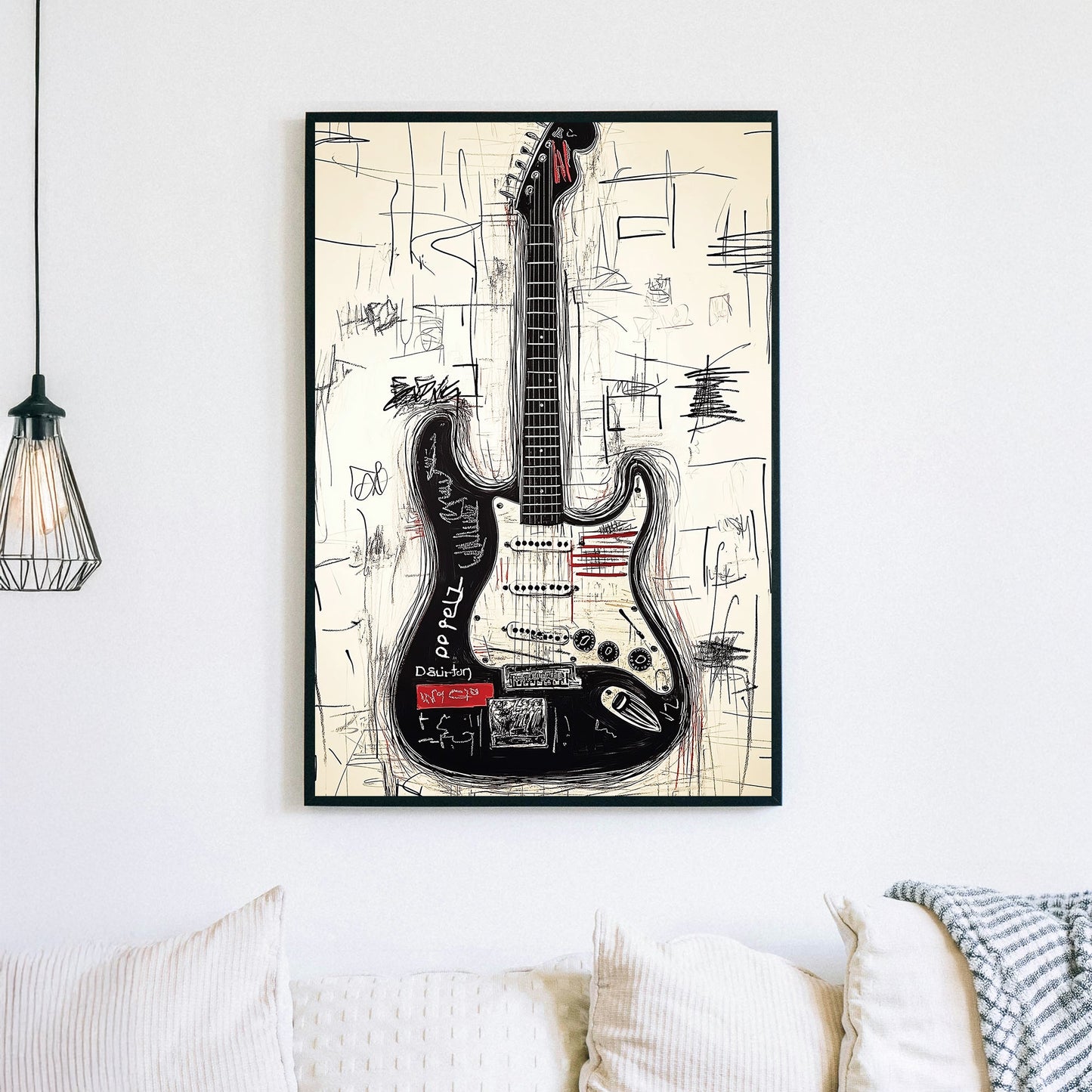 grunge-style electric guitar wall art with graffiti and sketch elements