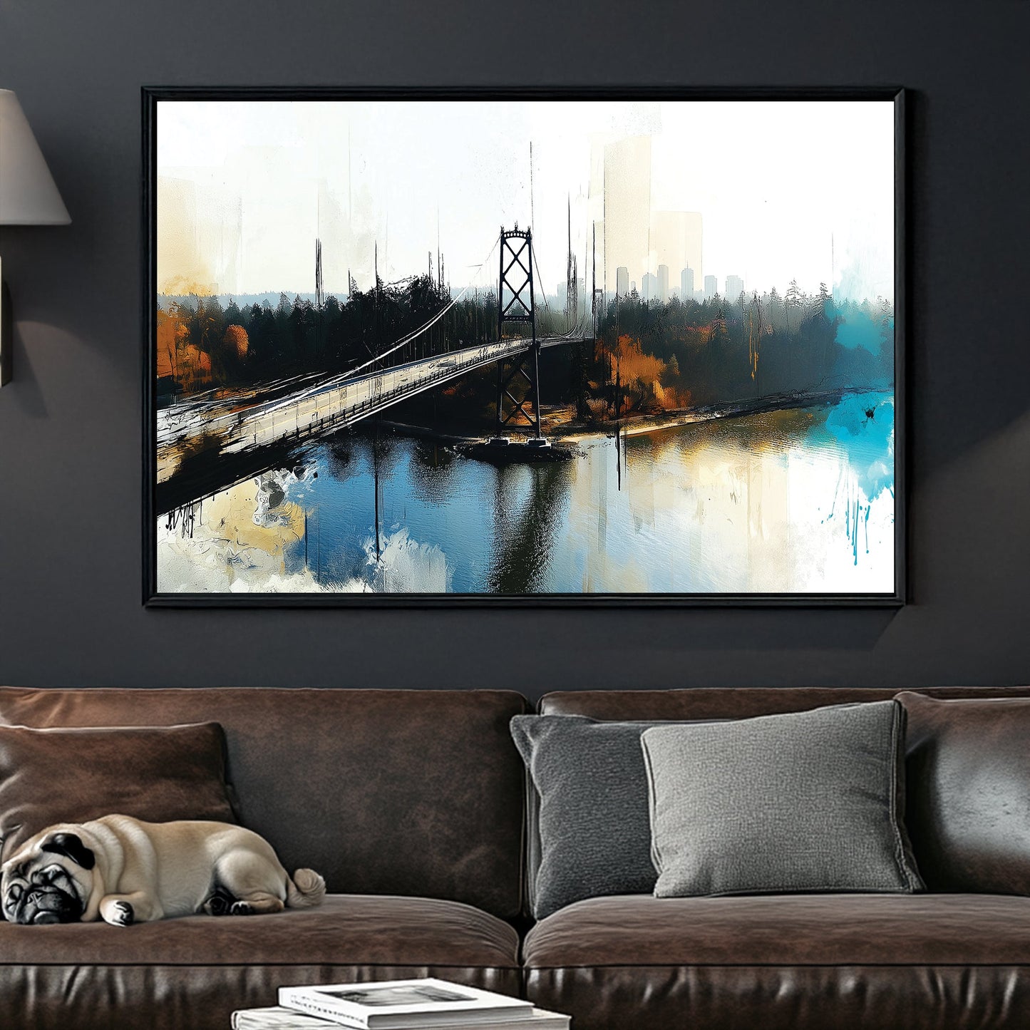 artistic wall art of Vancouver Lions Gate Bridge with abstract city and water reflections