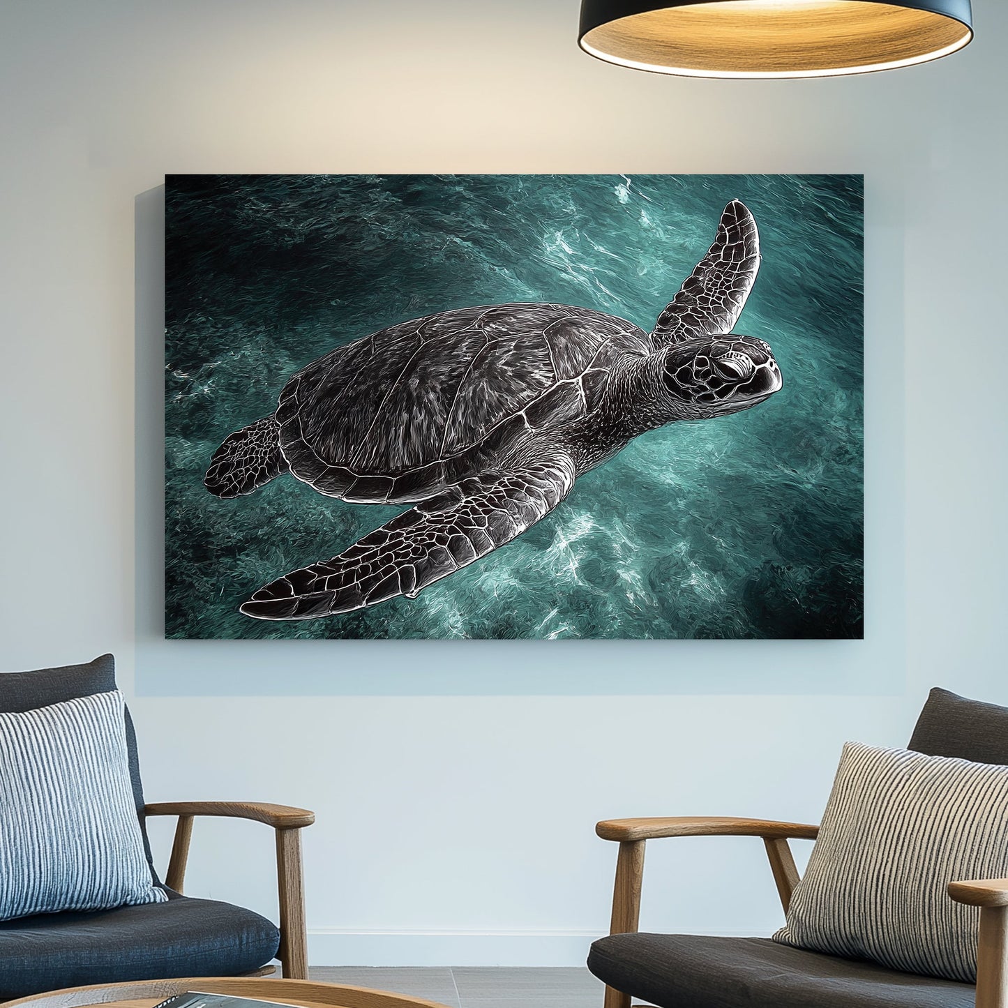 stylized sea turtle swimming in turquoise water wall art
