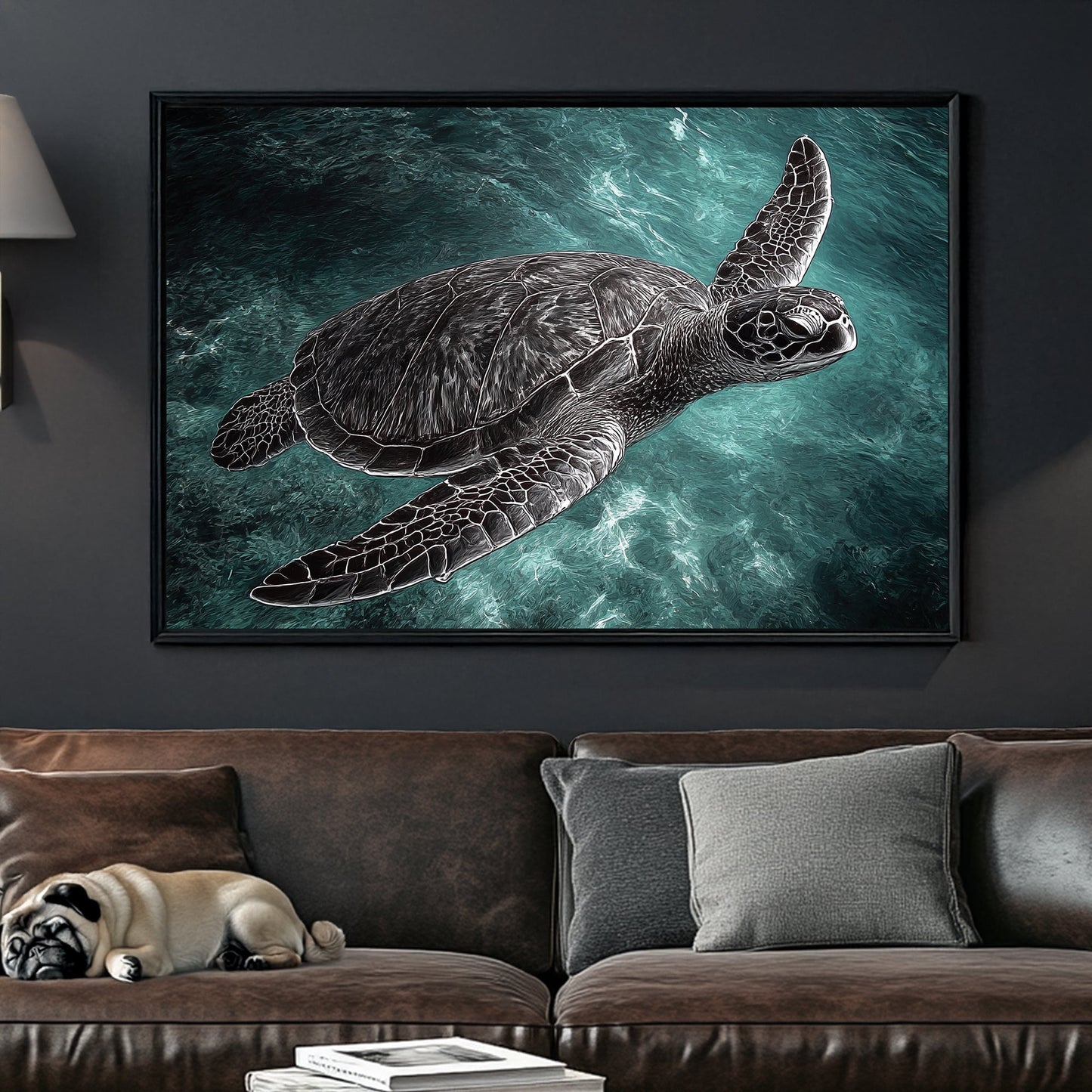 stylized sea turtle swimming in turquoise water wall art
