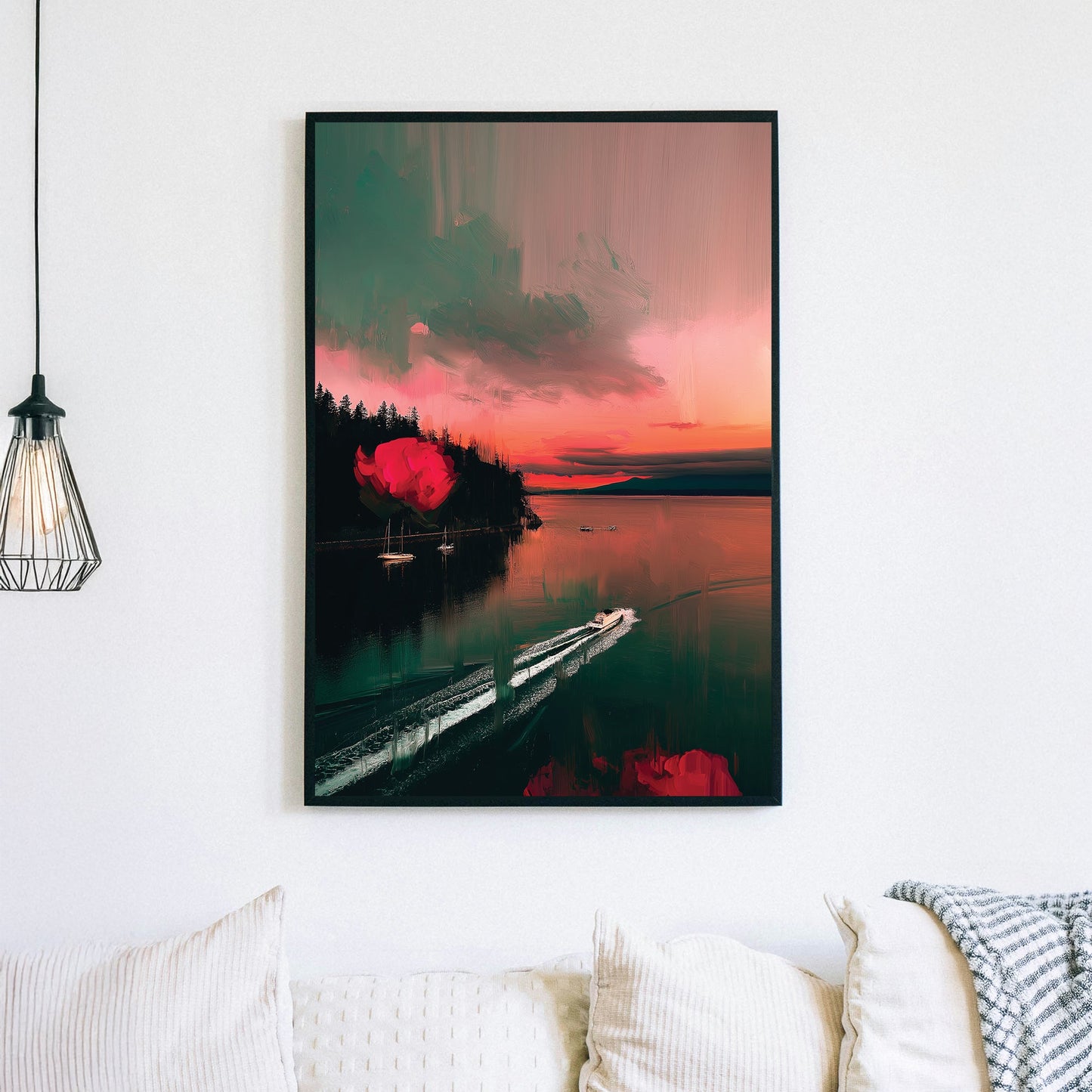 sunset wall art of Stanley Park with surreal red roses and boats in water