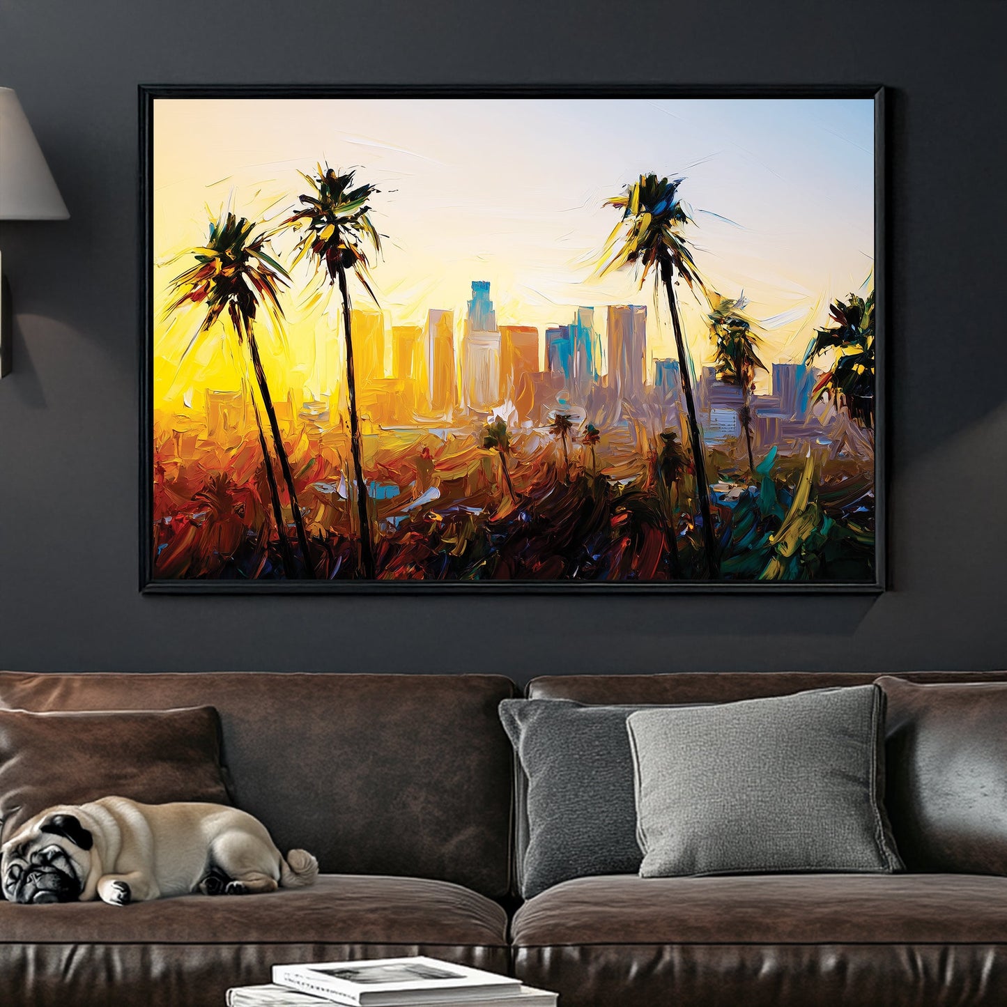 Los Angeles skyline wall art with palm trees at sunset in abstract oil painting style