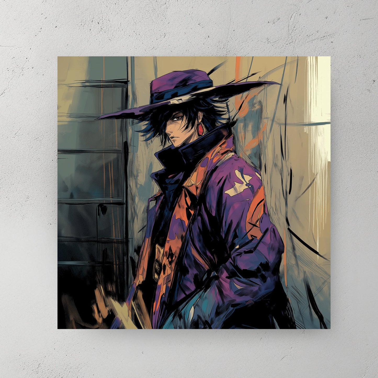 anime-inspired wall art of mysterious character in purple coat and hat in moody alley setting