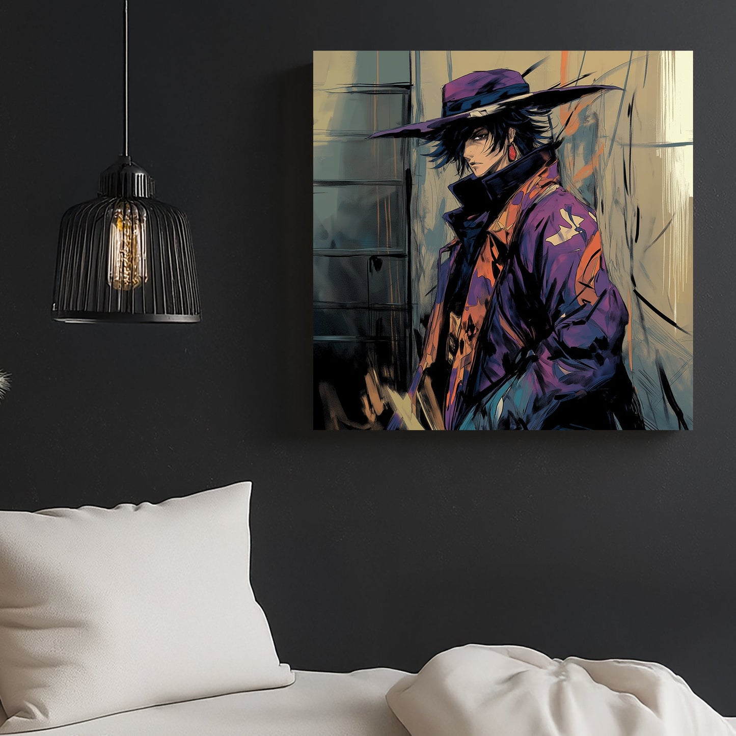anime-inspired wall art of mysterious character in purple coat and hat in moody alley setting