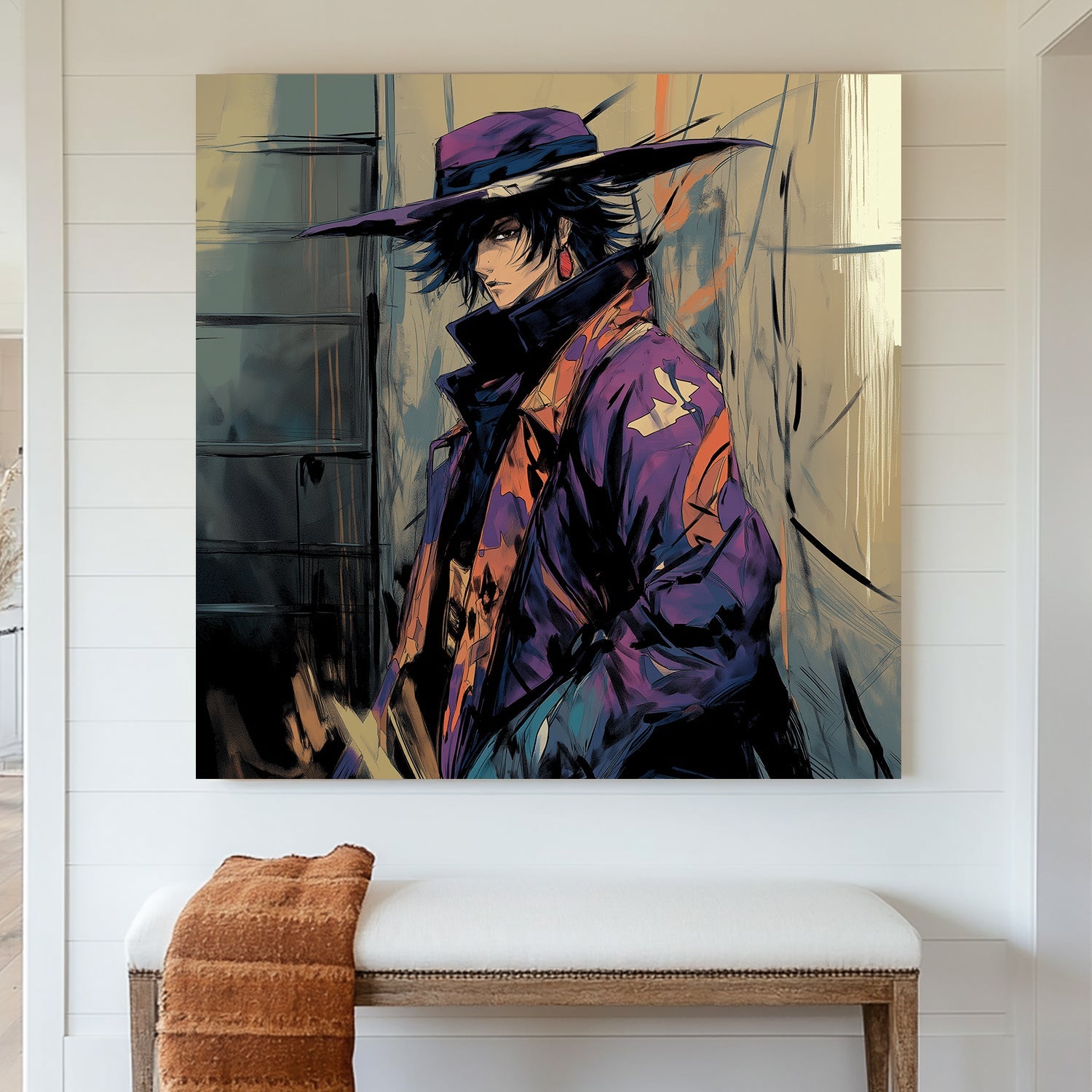 anime-inspired wall art of mysterious character in purple coat and hat in moody alley setting