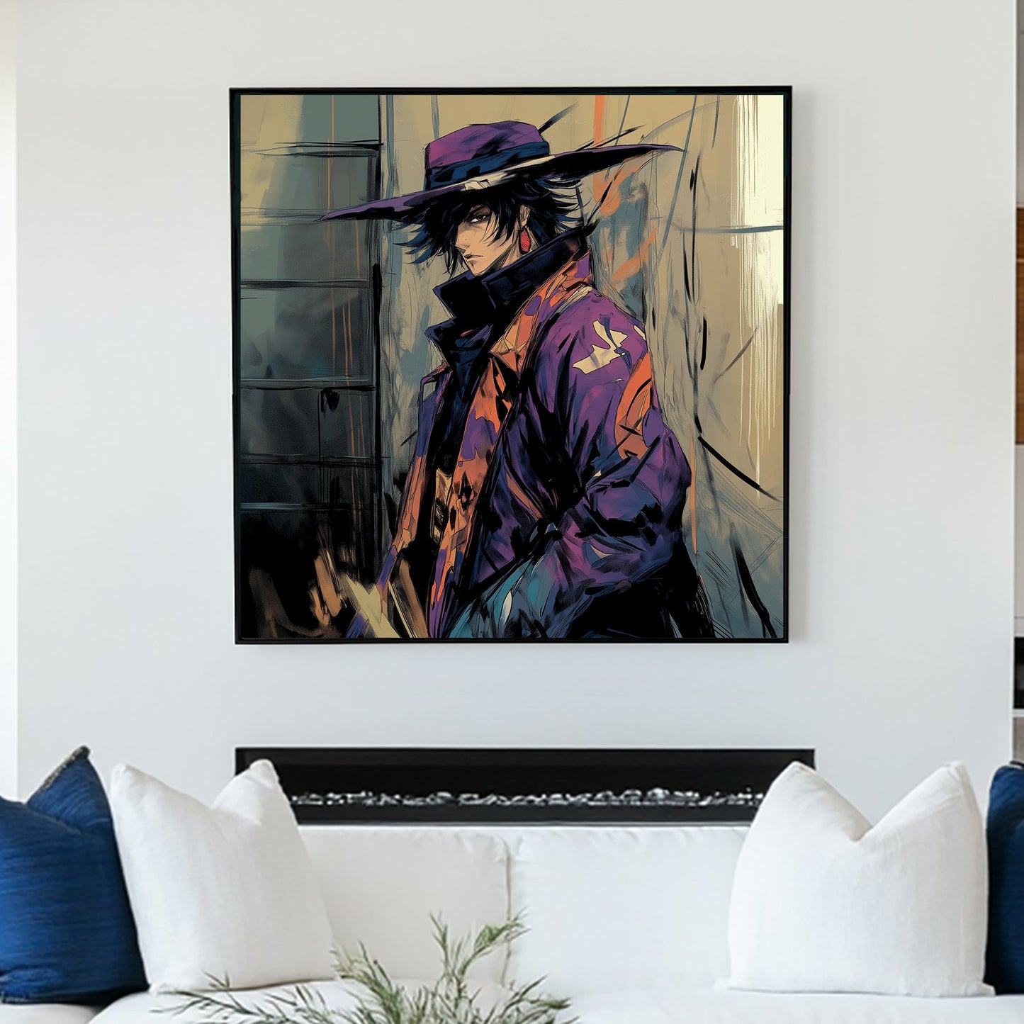 anime-inspired wall art of mysterious character in purple coat and hat in moody alley setting