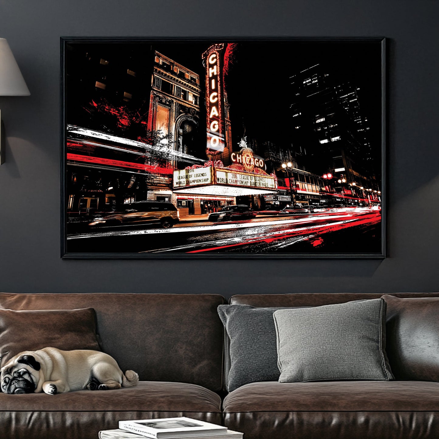 nighttime Chicago wall art featuring neon lights, city traffic, and iconic theatre sign