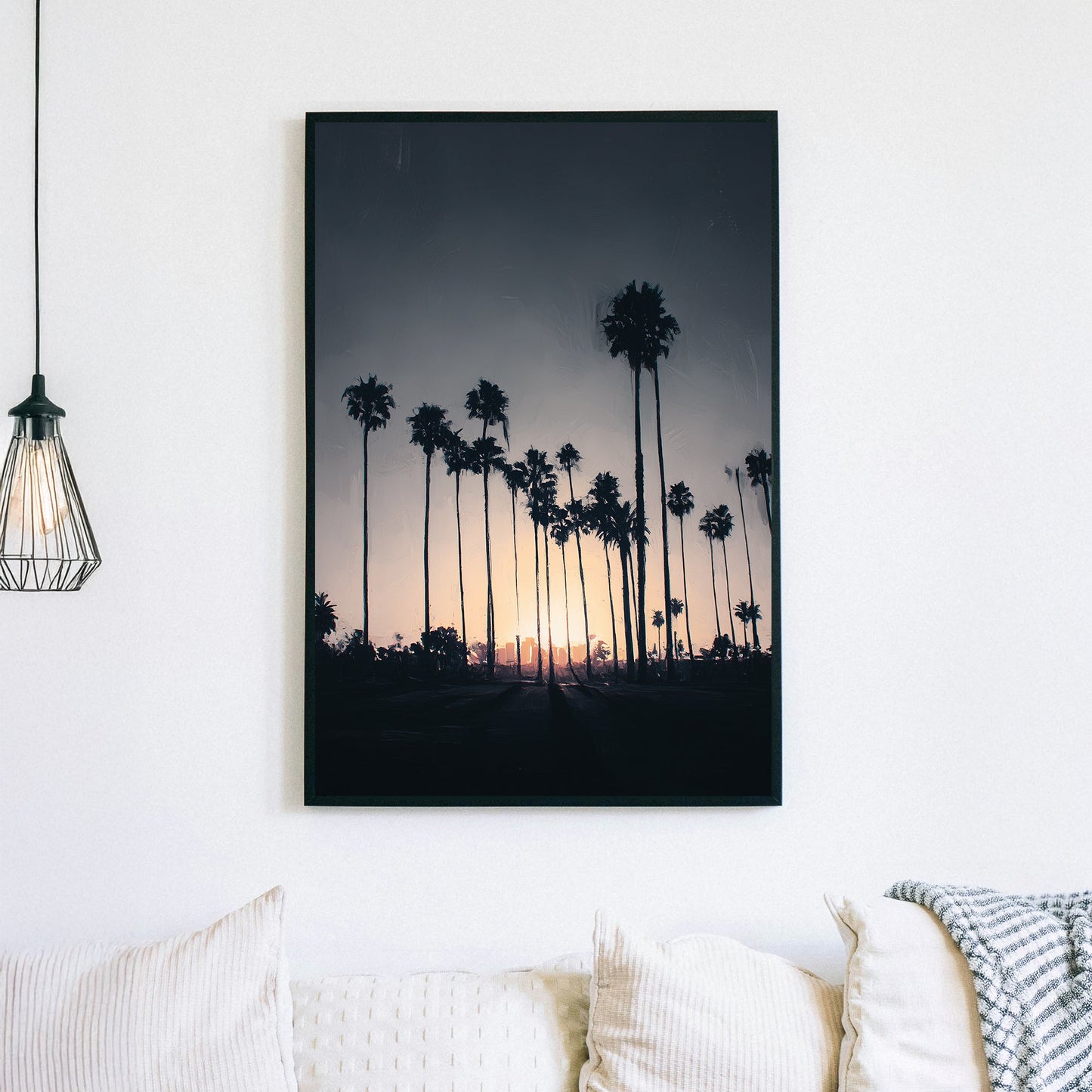 Los Angeles palm tree skyline wall art at sunset with soft dusk tones
