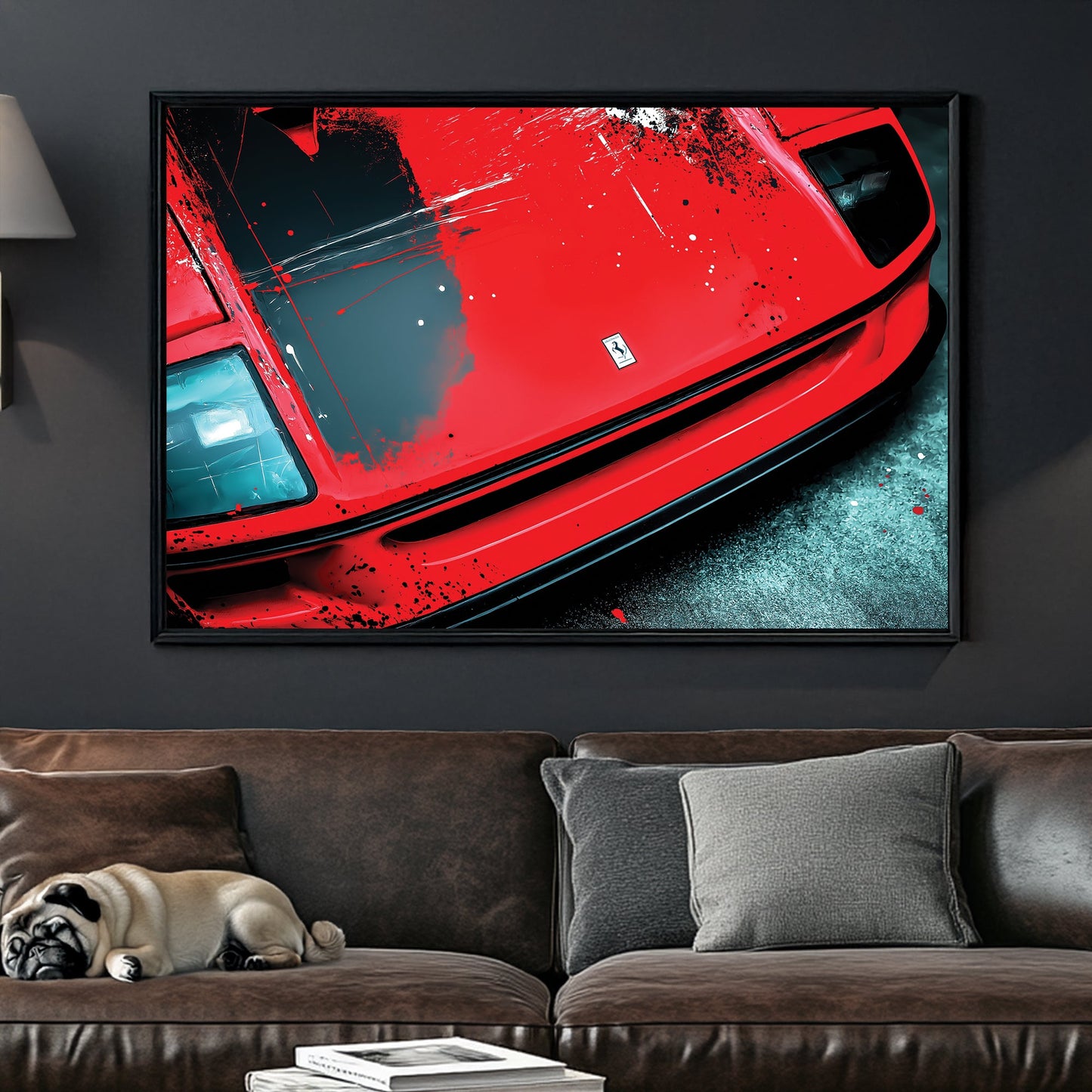 Ferrari F40 close-up hood wall art with grunge red and black paint effects