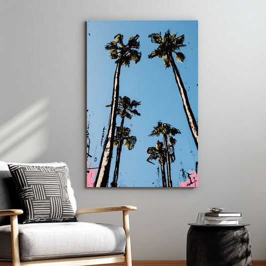 Skyward palm trees against blue sky pop art wall art with bold black outlines and pastel accents