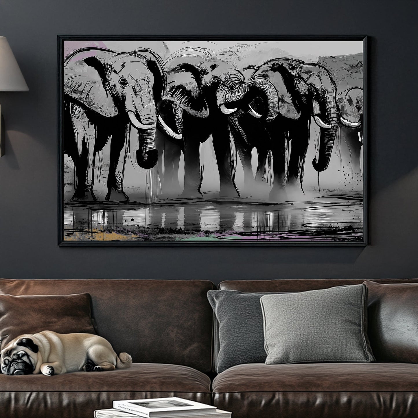 Black and white elephant herd illustration wall art