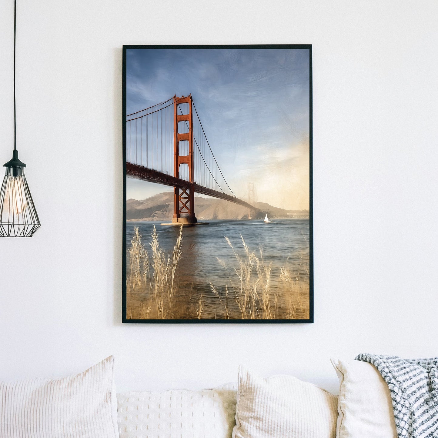 Golden Gate Bridge California coastal wall art with sailboat