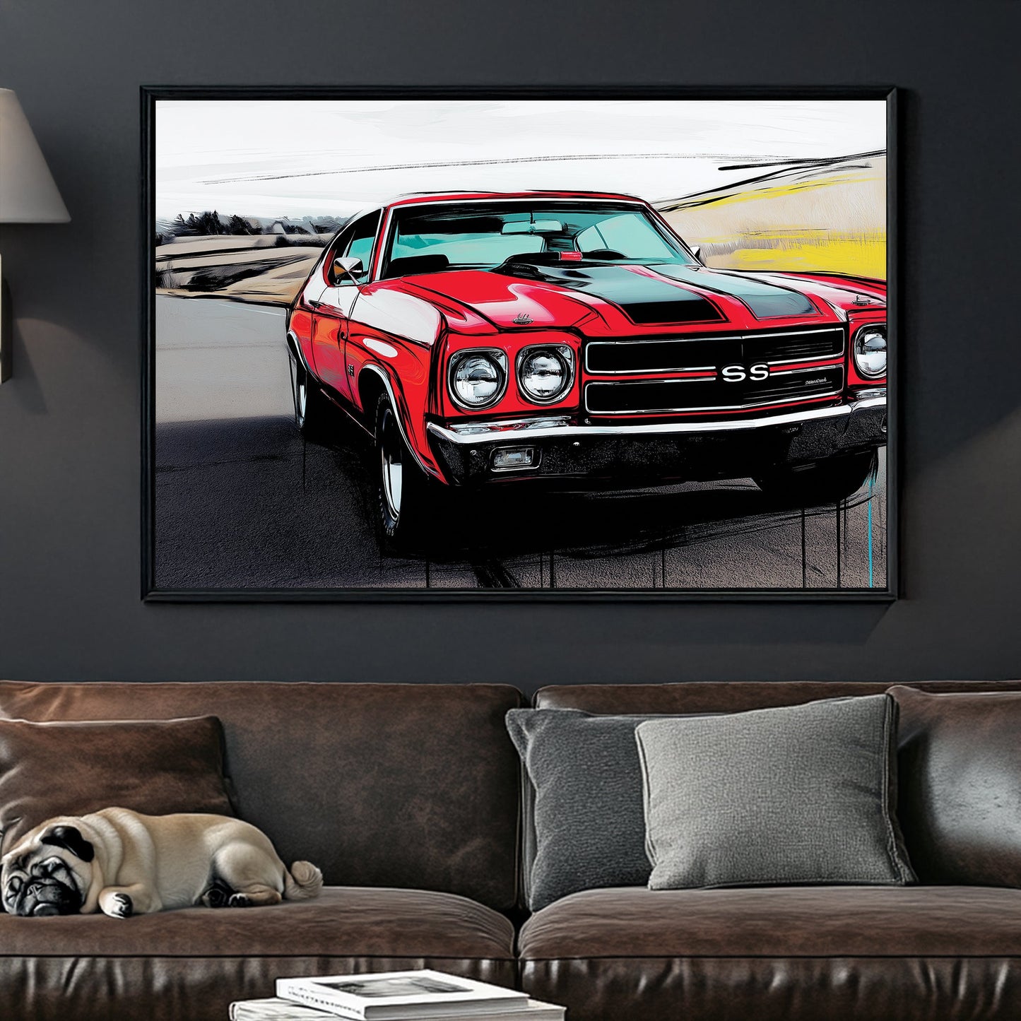 red chevelle ss muscle car wall art with black racing stripes