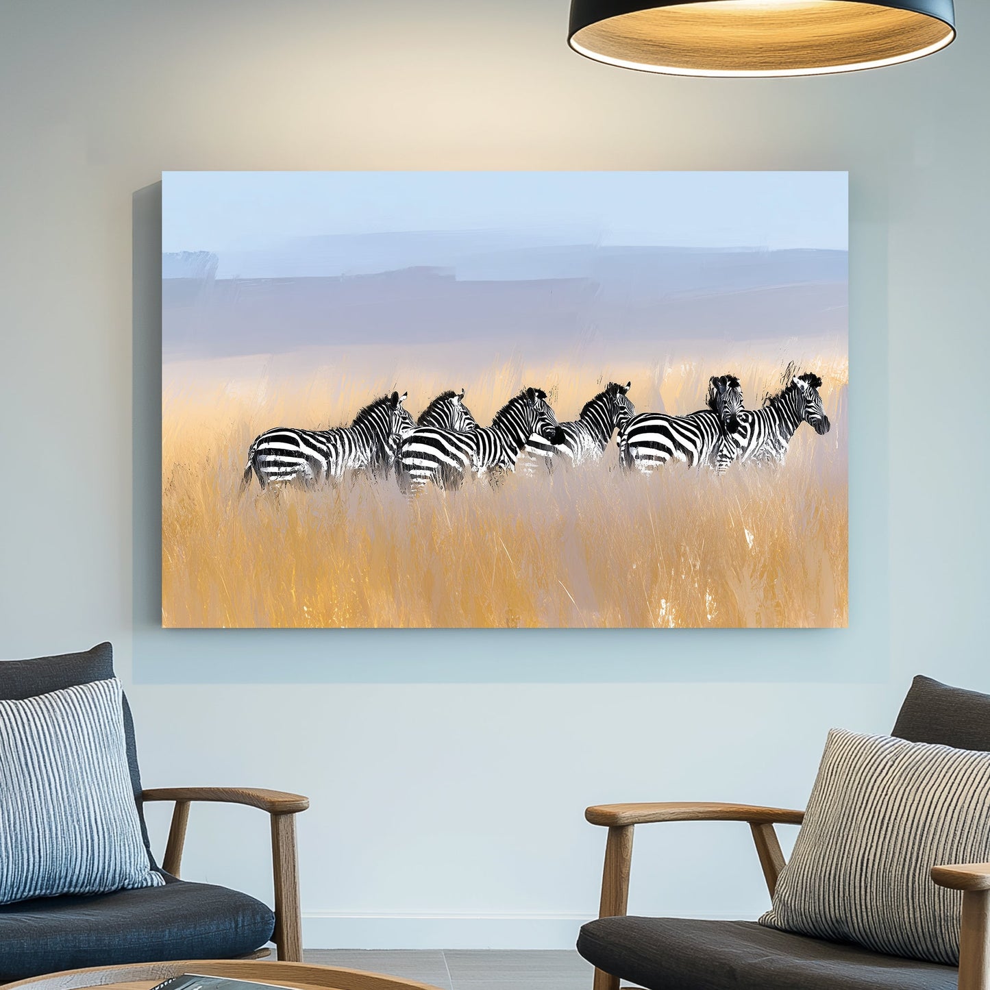 zebra herd in savannah field wall art with soft pastel sky
