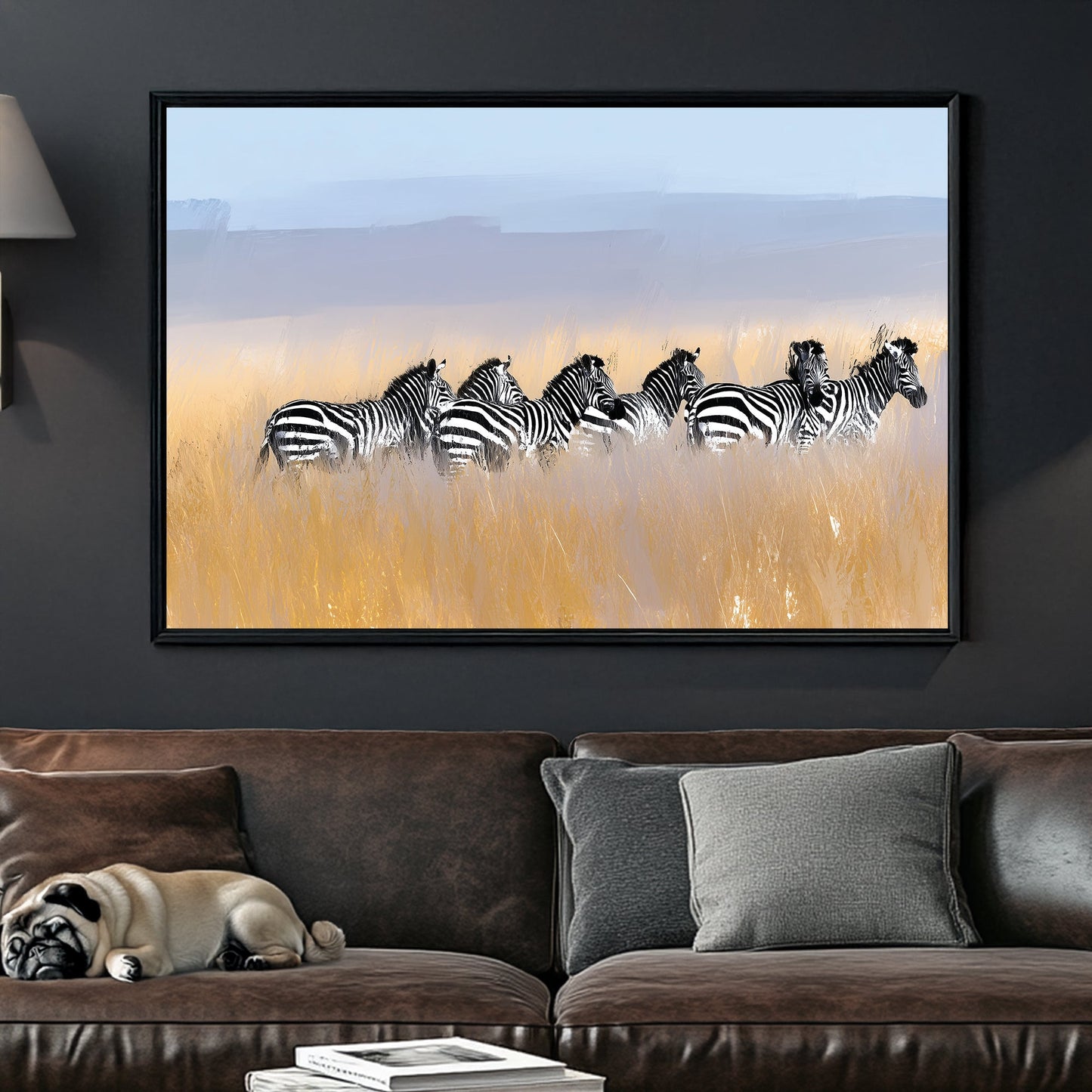 zebra herd in savannah field wall art with soft pastel sky