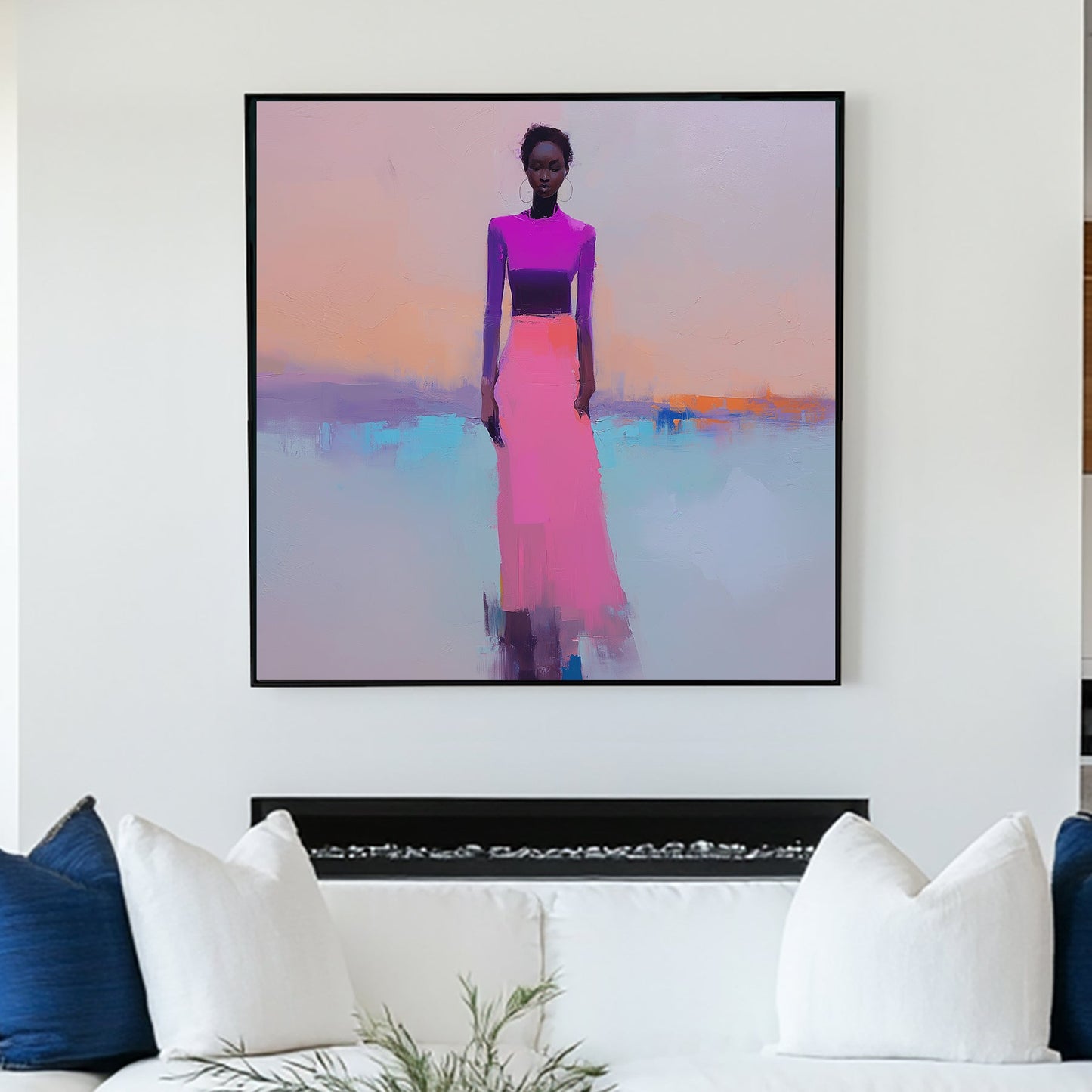 modern wall art of a woman in pink and purple on pastel background