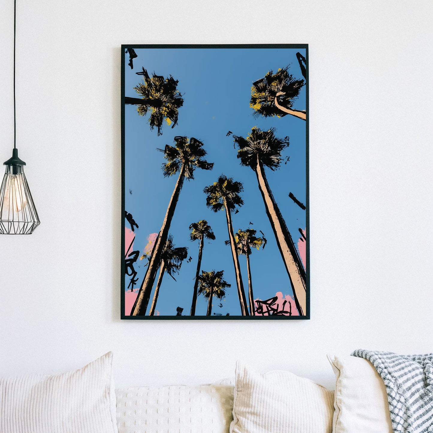 graffiti-style palm trees wall art against blue sky